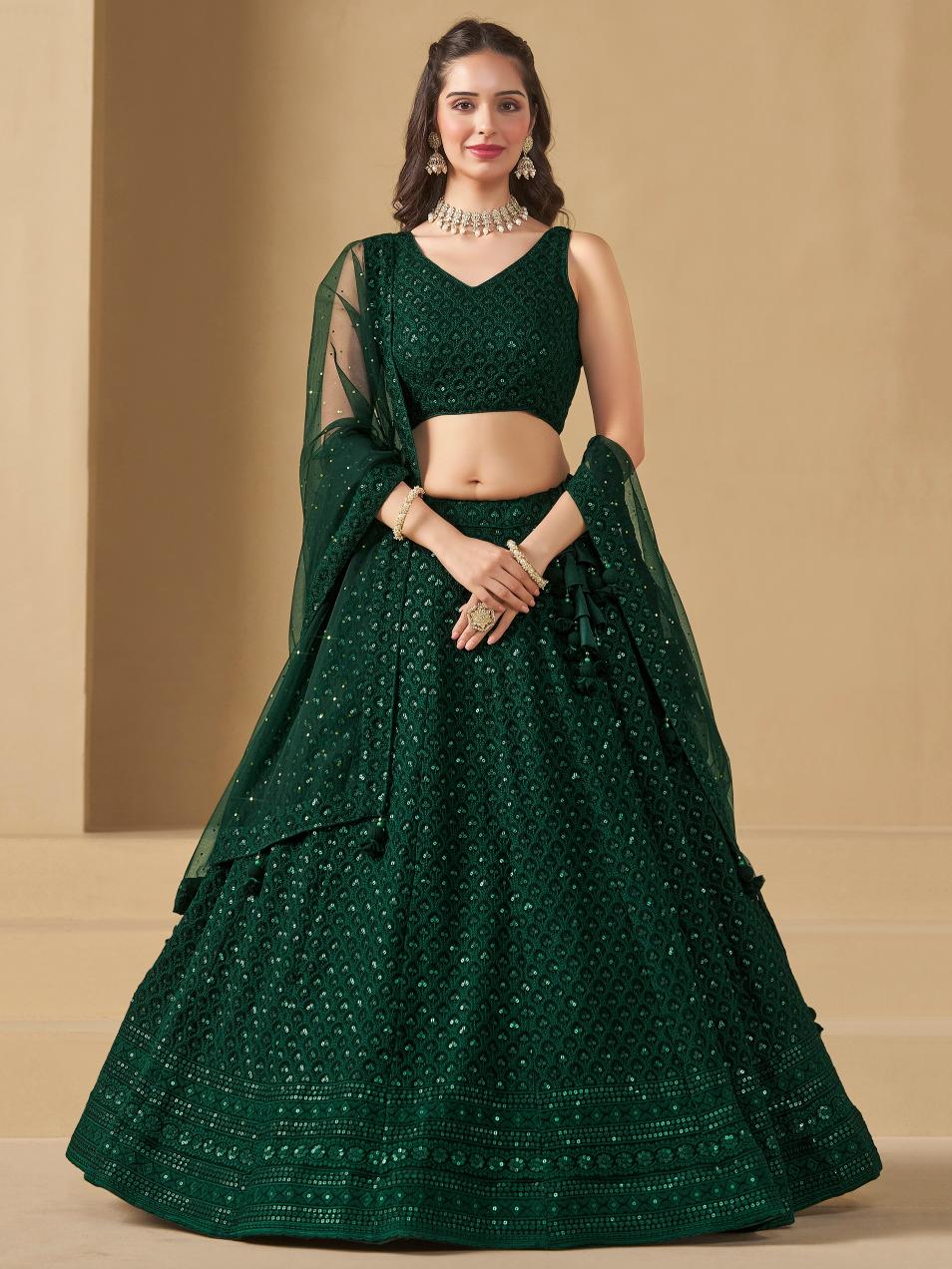 Green Georgette Sequins Embroidered Lehenga Choli