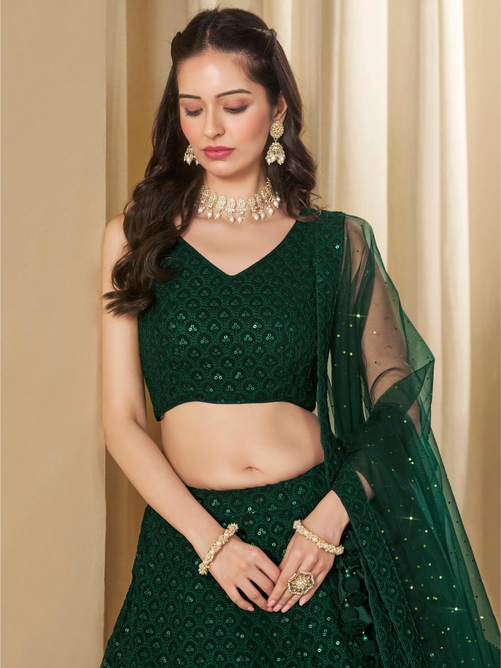 Green Georgette Sequins Embroidered Lehenga Choli
