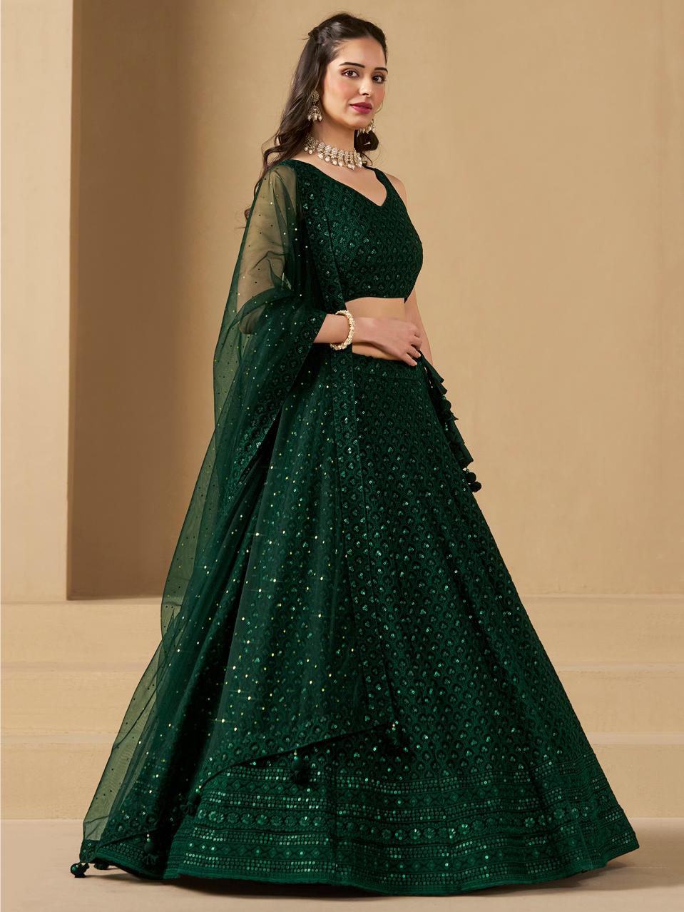 Green Georgette Sequins Embroidered Lehenga Choli