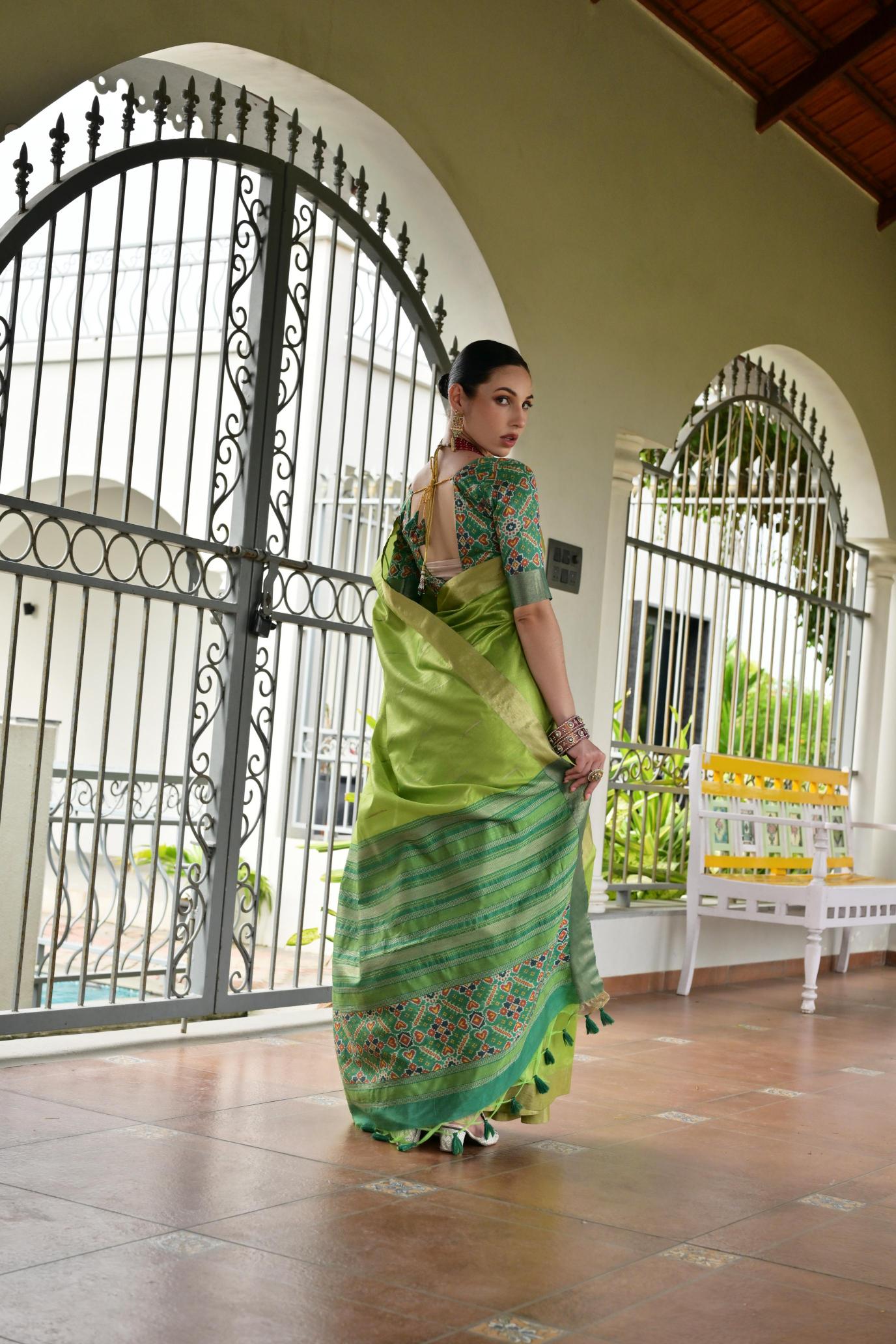 Green Green Khadi Raw Silk Saree — alternate view