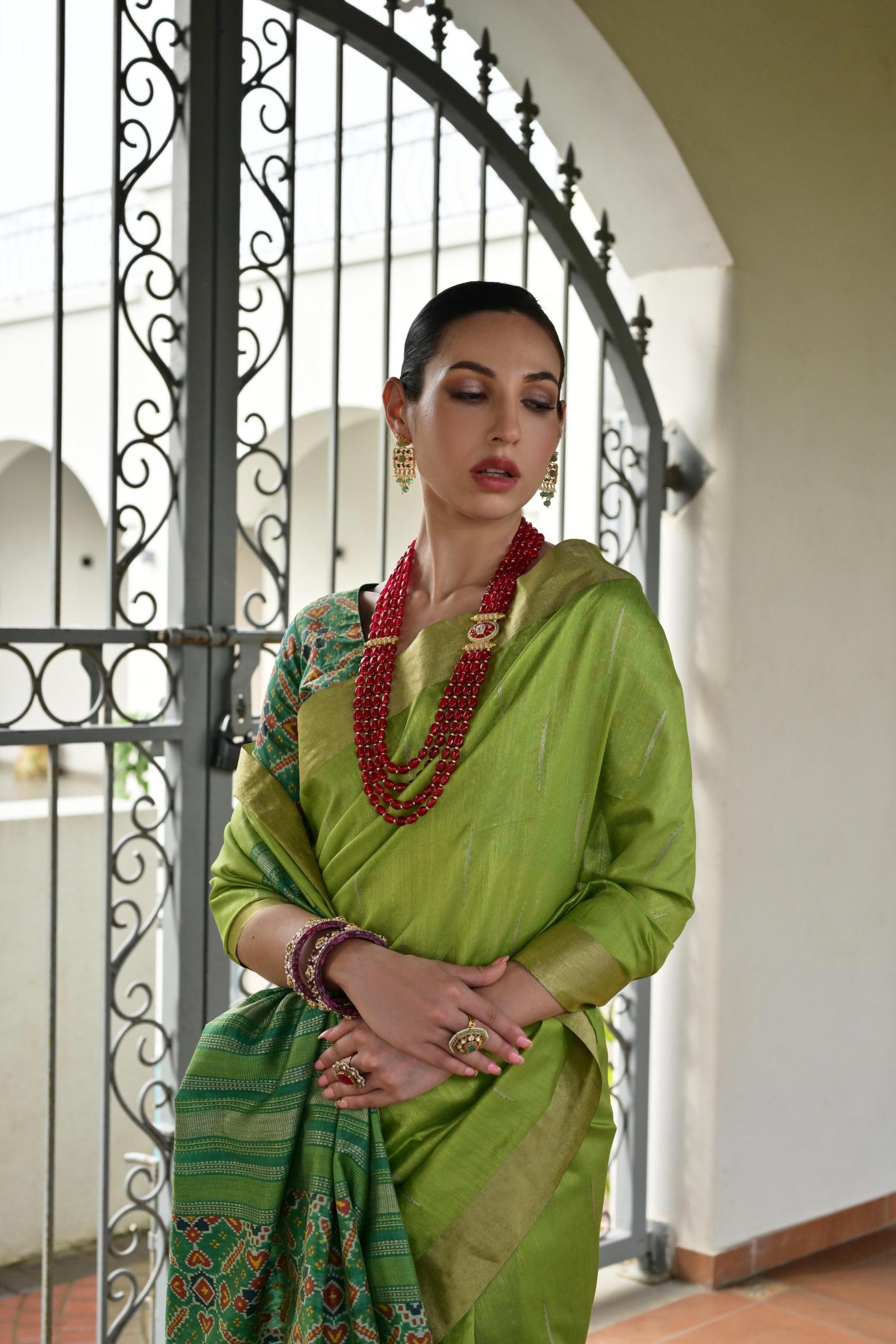 Green Green Khadi Raw Silk Saree