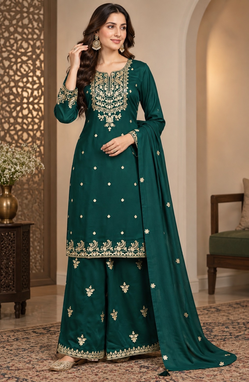 Green Heavy Embroidery Chinon Palazzo Suit