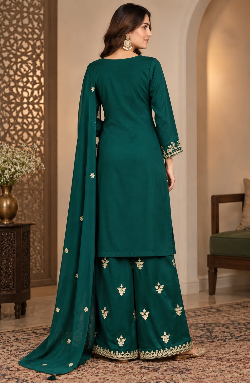Green Heavy Embroidery Chinon Palazzo Suit — alternate view