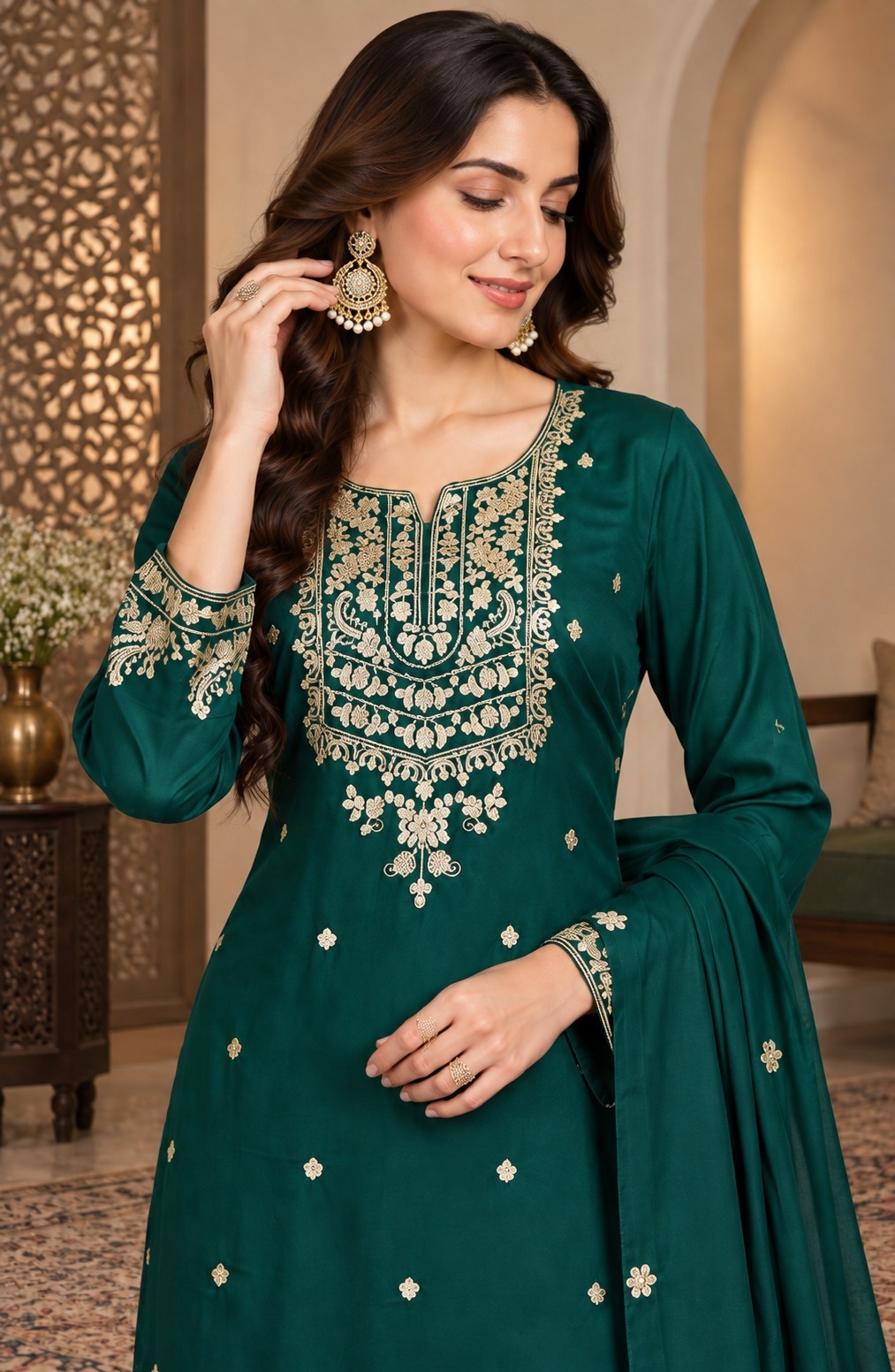 Green Heavy Embroidery Chinon Palazzo Suit