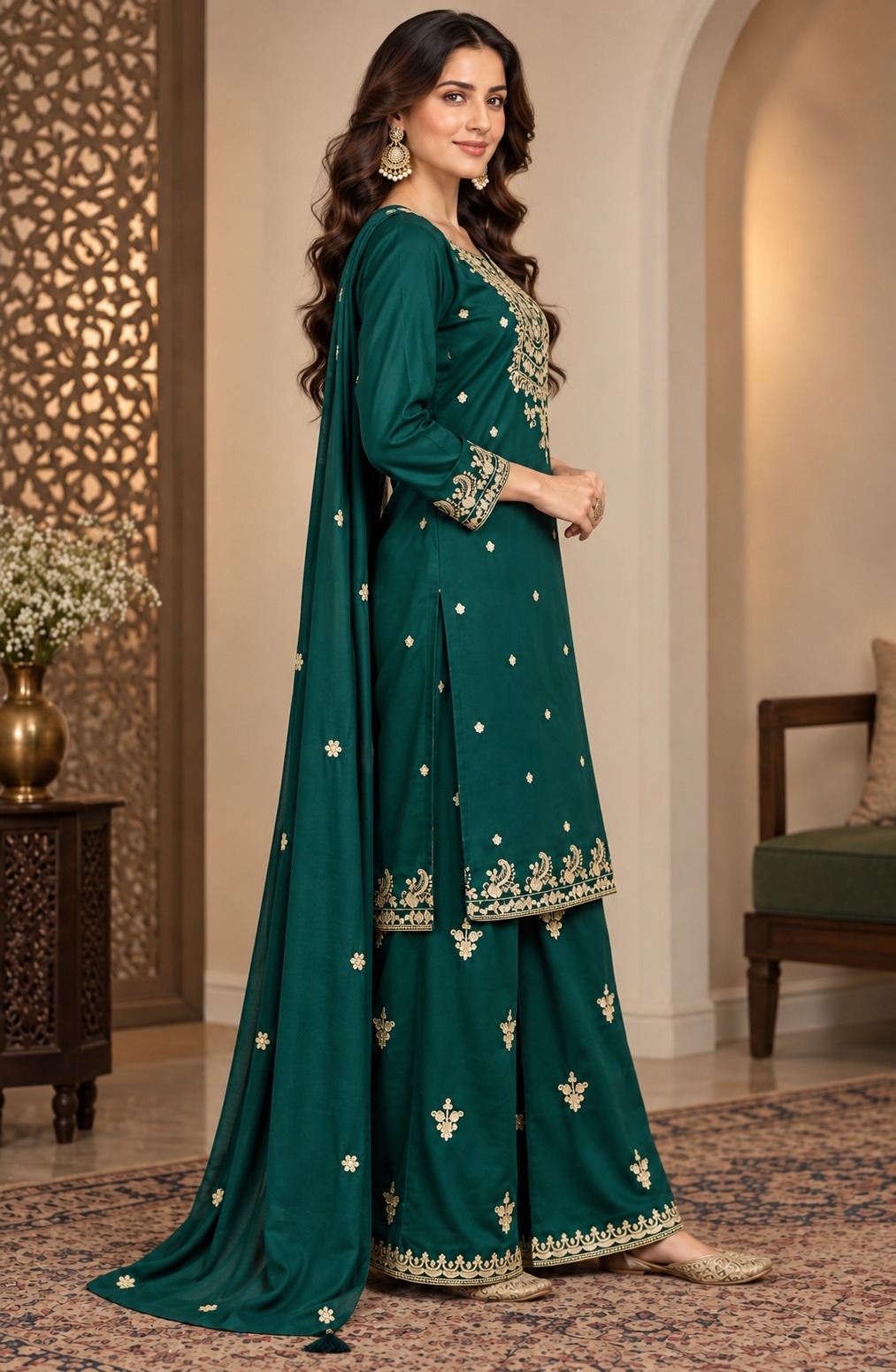 Green Heavy Embroidery Chinon Palazzo Suit