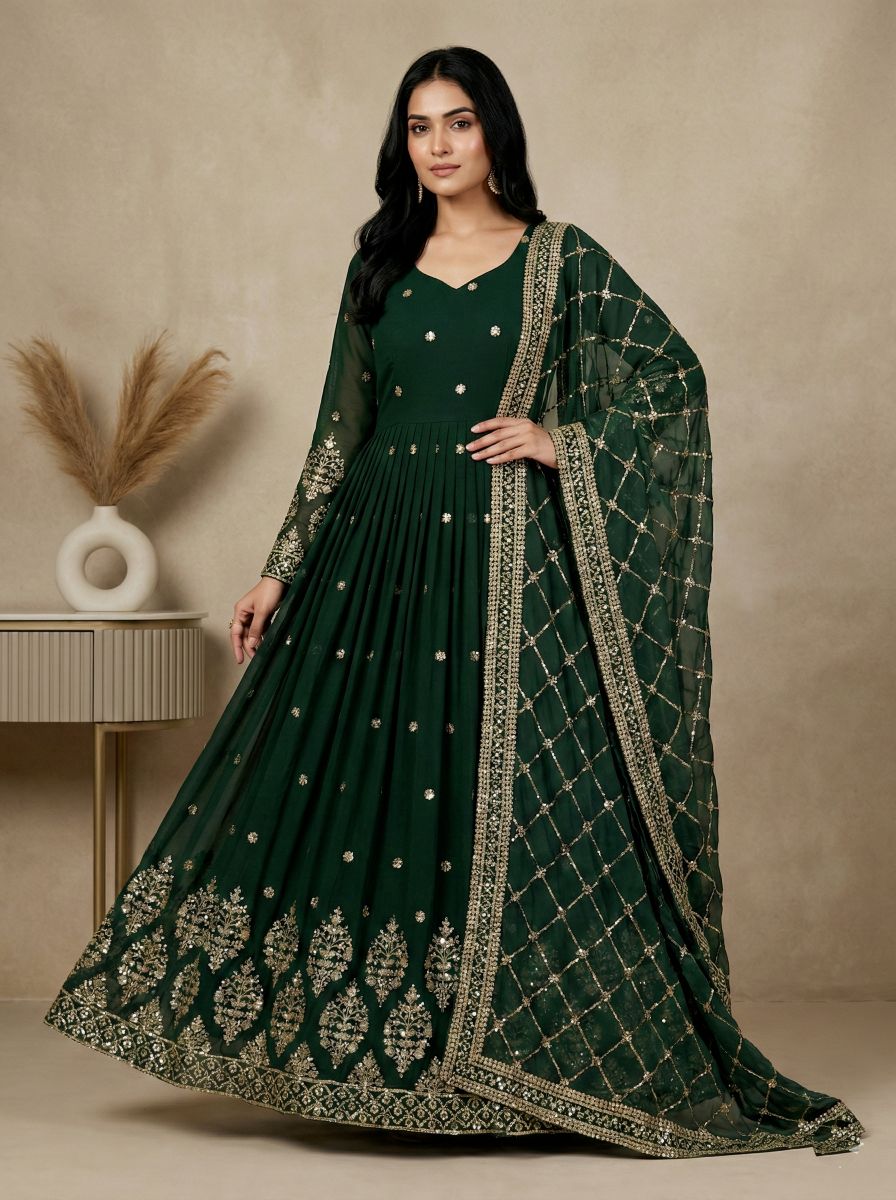 Green Heavy Faux Georgette Embroidered Sequence Anarkali Gown