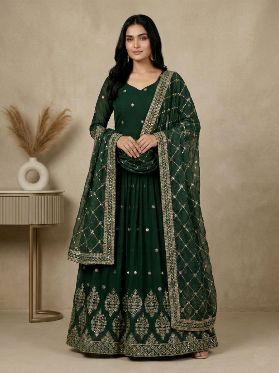 Green Heavy Faux Georgette Embroidered Sequence Anarkali Gown — alternate view