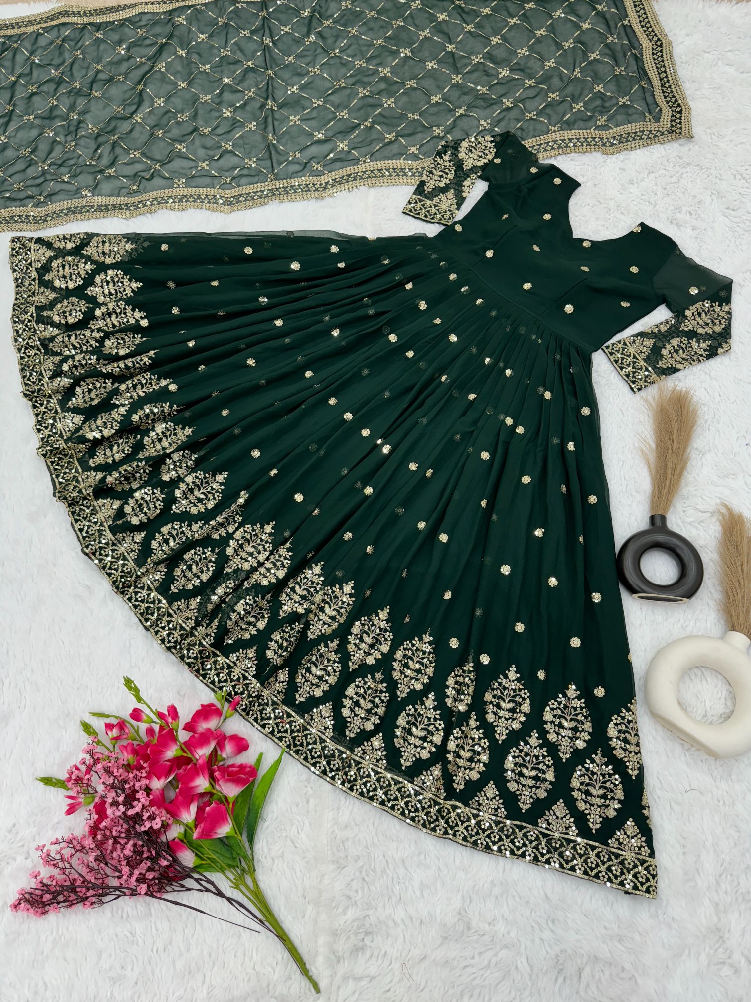Green Heavy Faux Georgette Embroidered Sequence Anarkali Gown