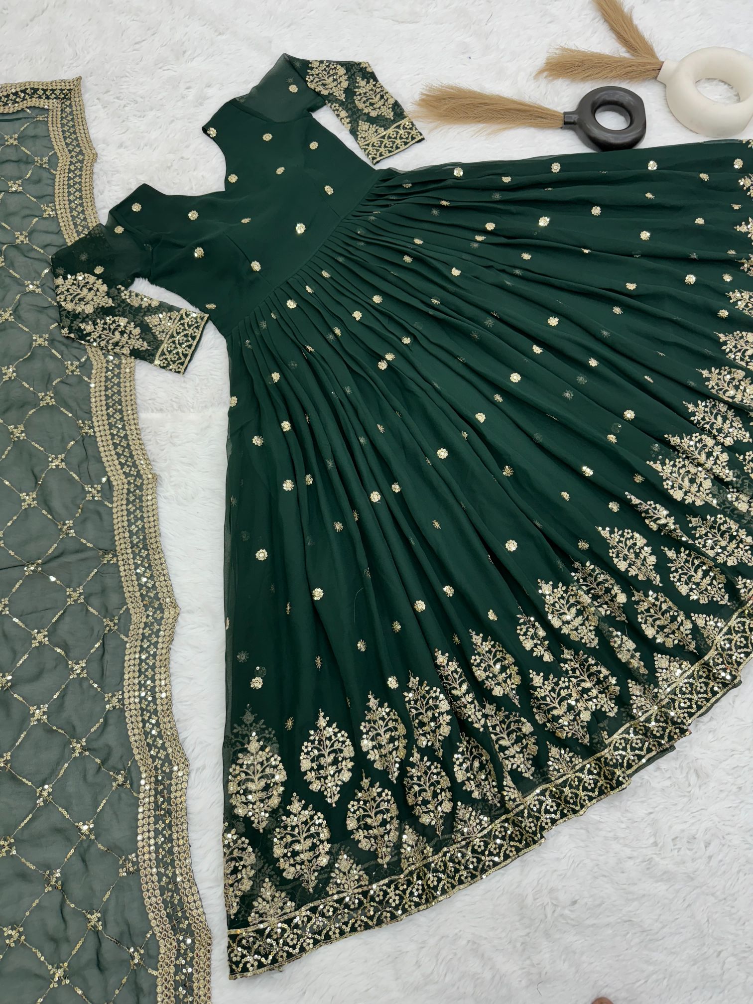 Green Heavy Faux Georgette Embroidered Sequence Anarkali Gown