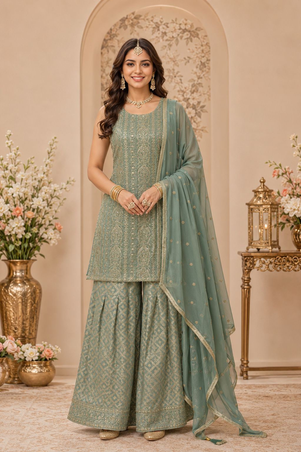 Green Heritage Embroidered Georgette Sharara Suit