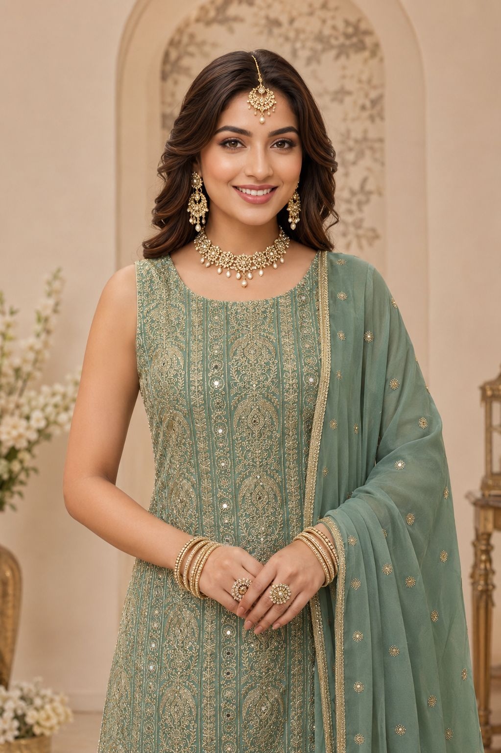 Green Heritage Embroidered Georgette Sharara Suit