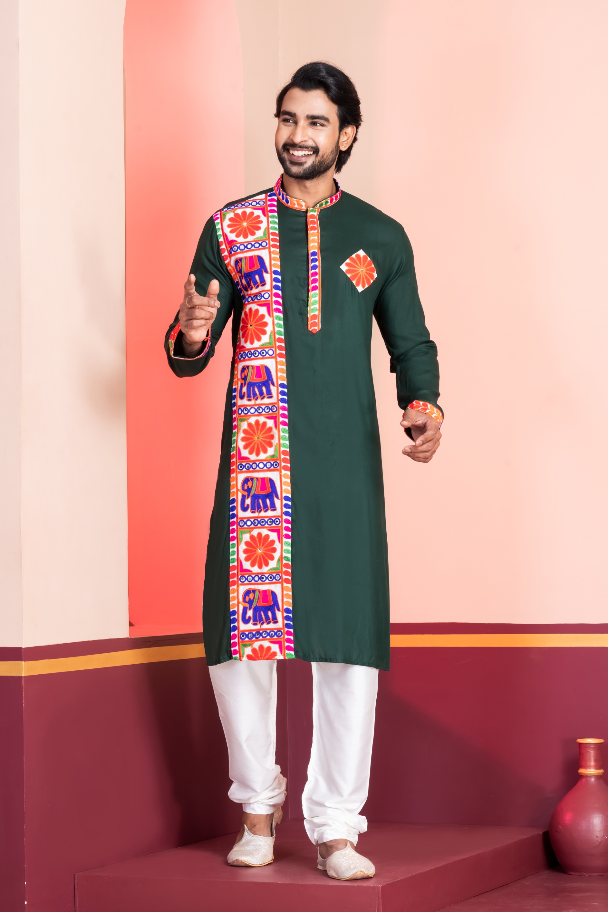 Green Heritage Embroidered Rayon Kurta Pyjama