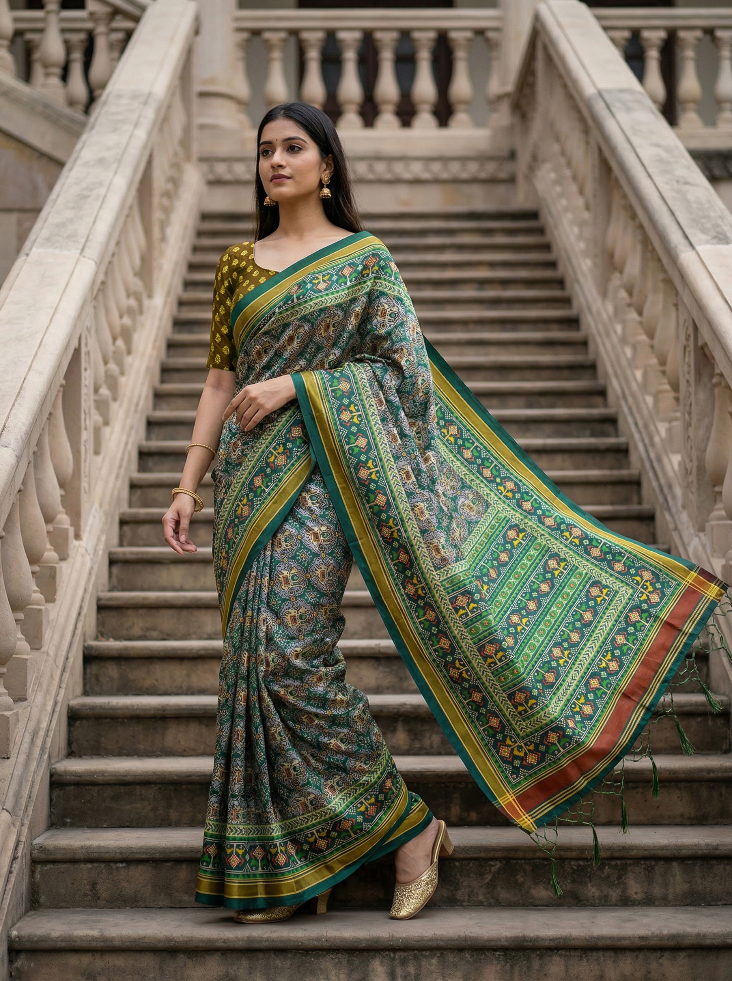 Green Heritage Printed Assam Silk Saree — alternate view
