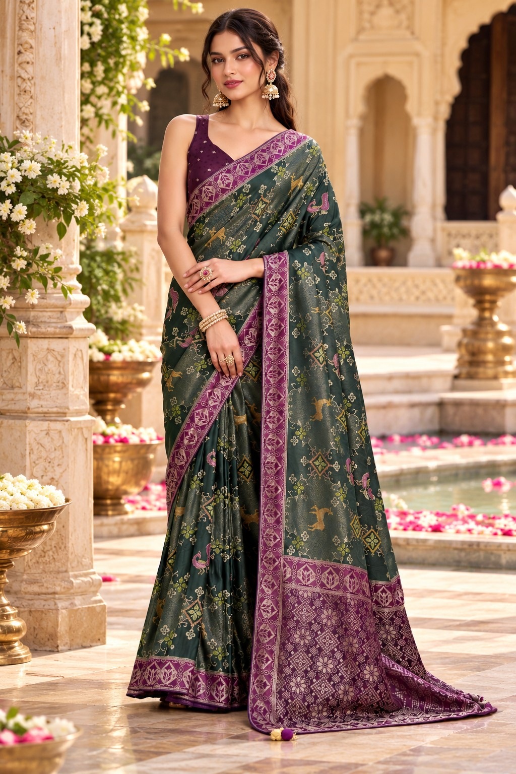 Green Heritage Woven Work Satin Tissue Saree