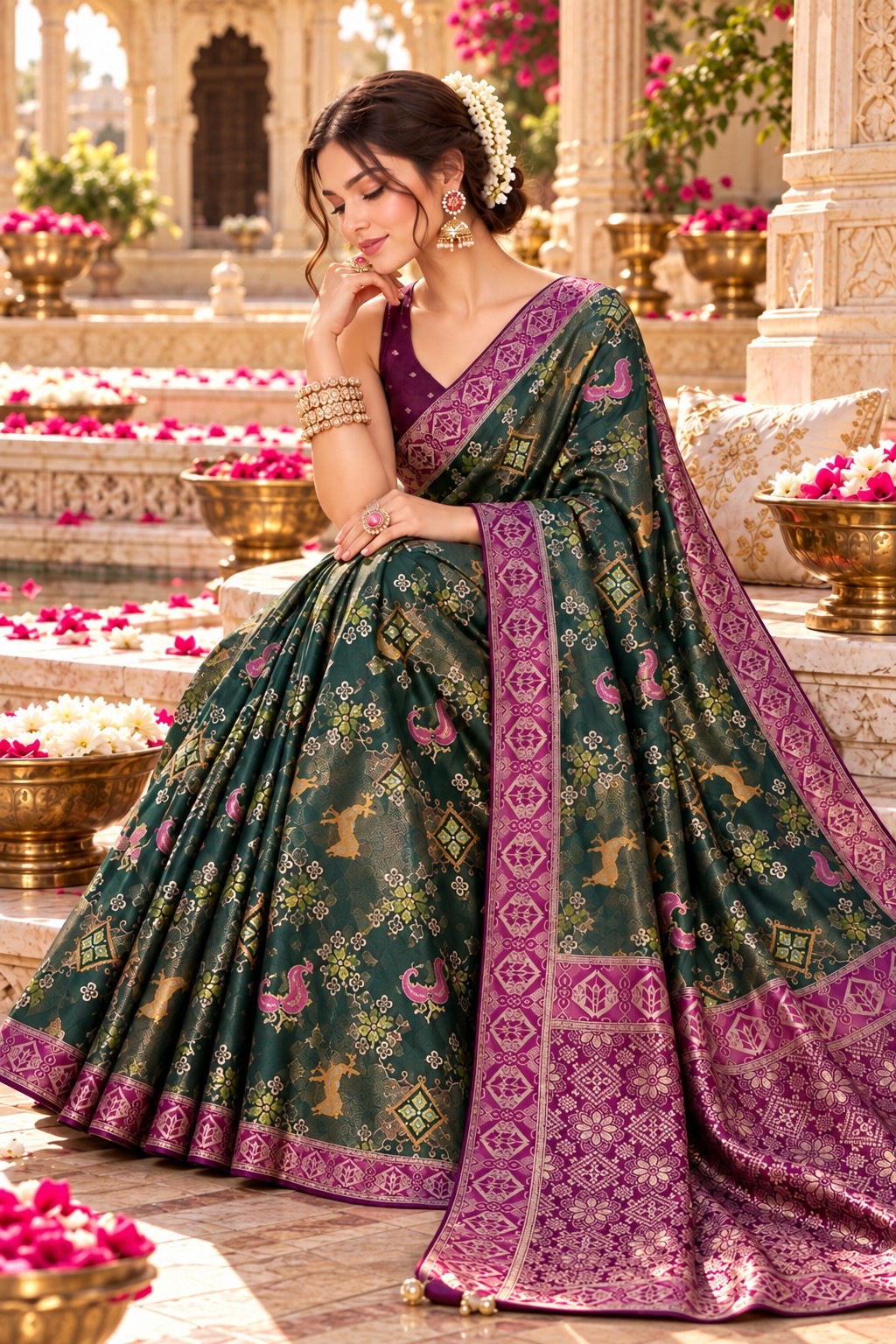 Green Heritage Woven Work Satin Tissue Saree