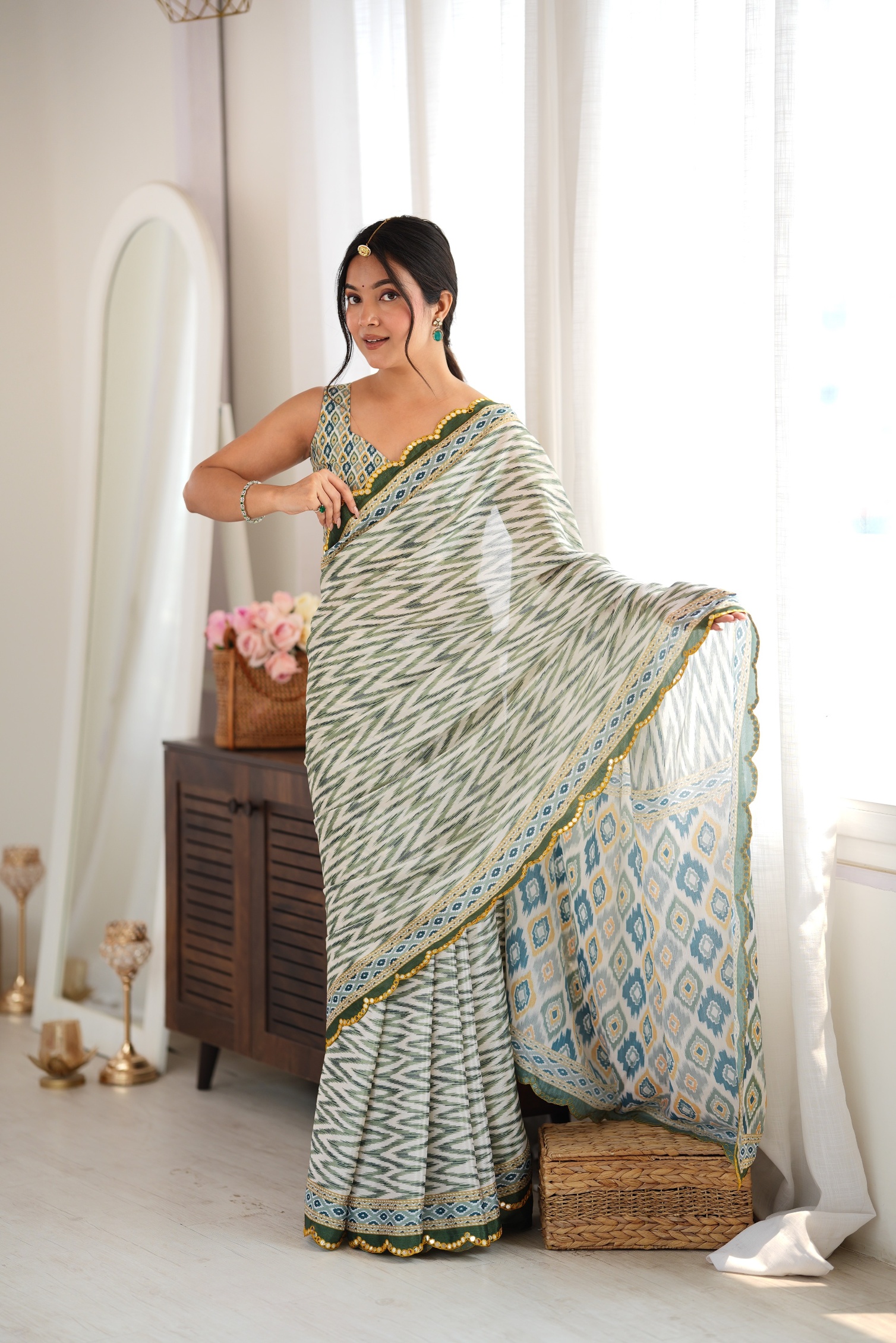 Green Ikat Digital Printed Chinon Saree