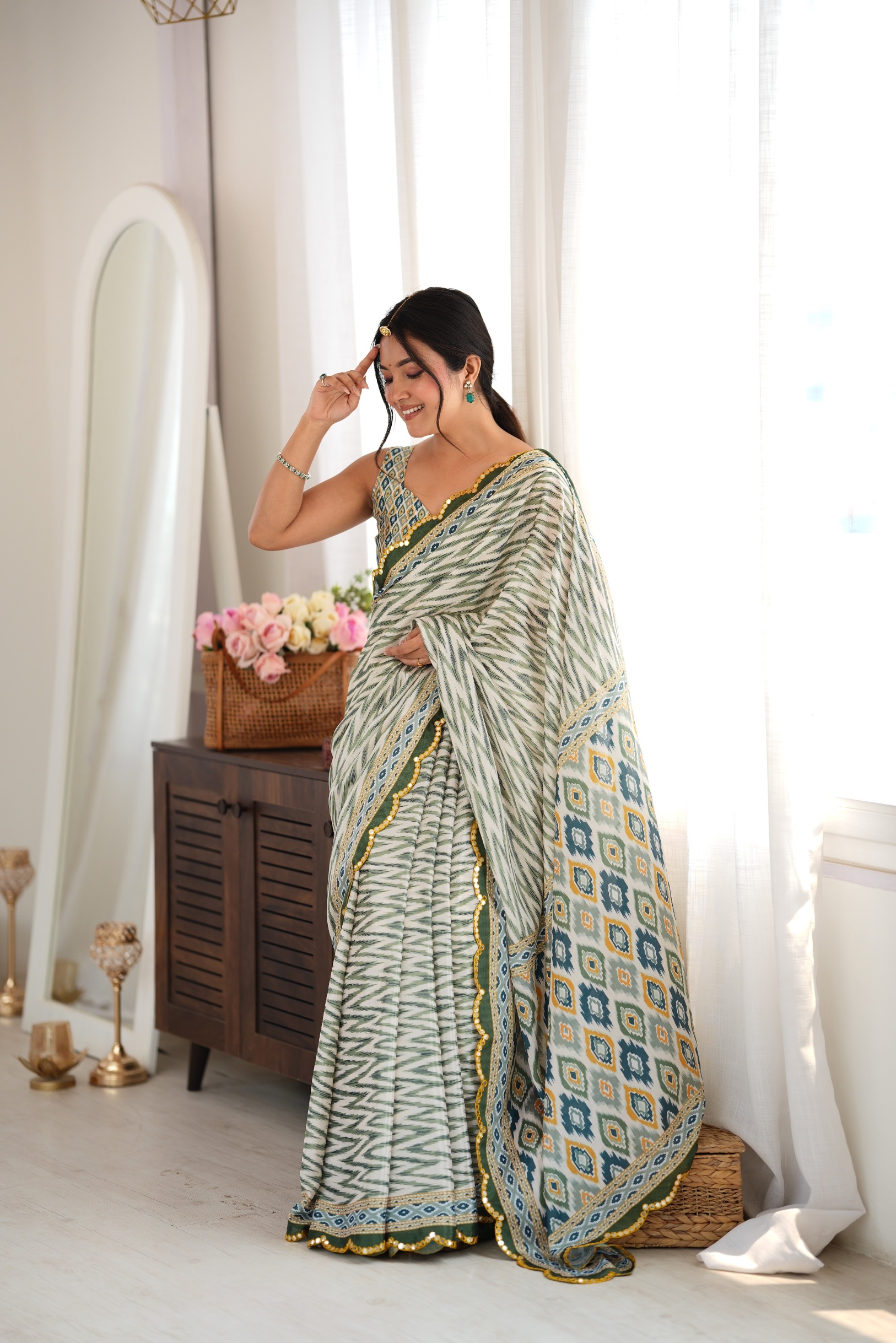 Green Ikat Digital Printed Chinon Saree — alternate view