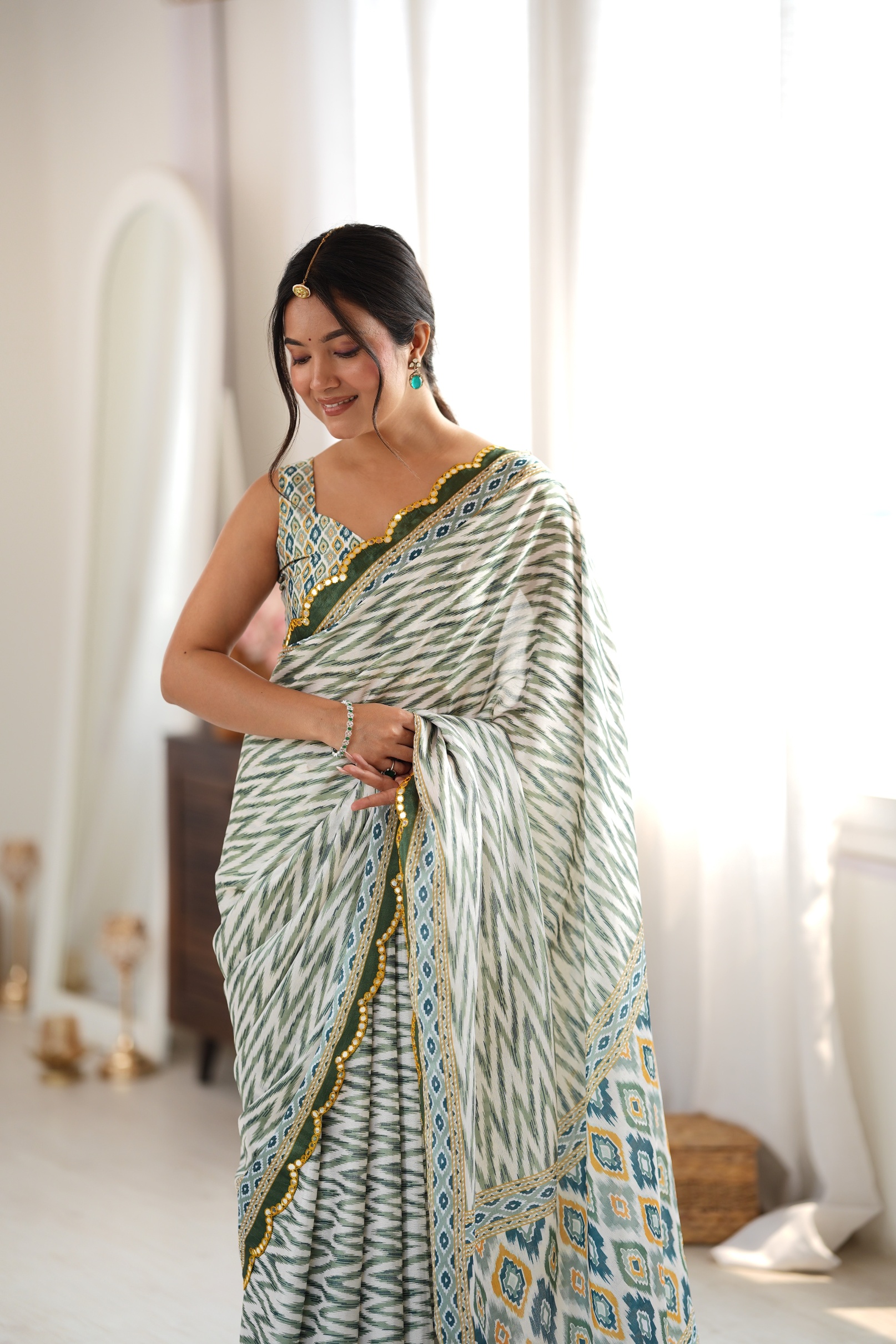 Green Ikat Digital Printed Chinon Saree