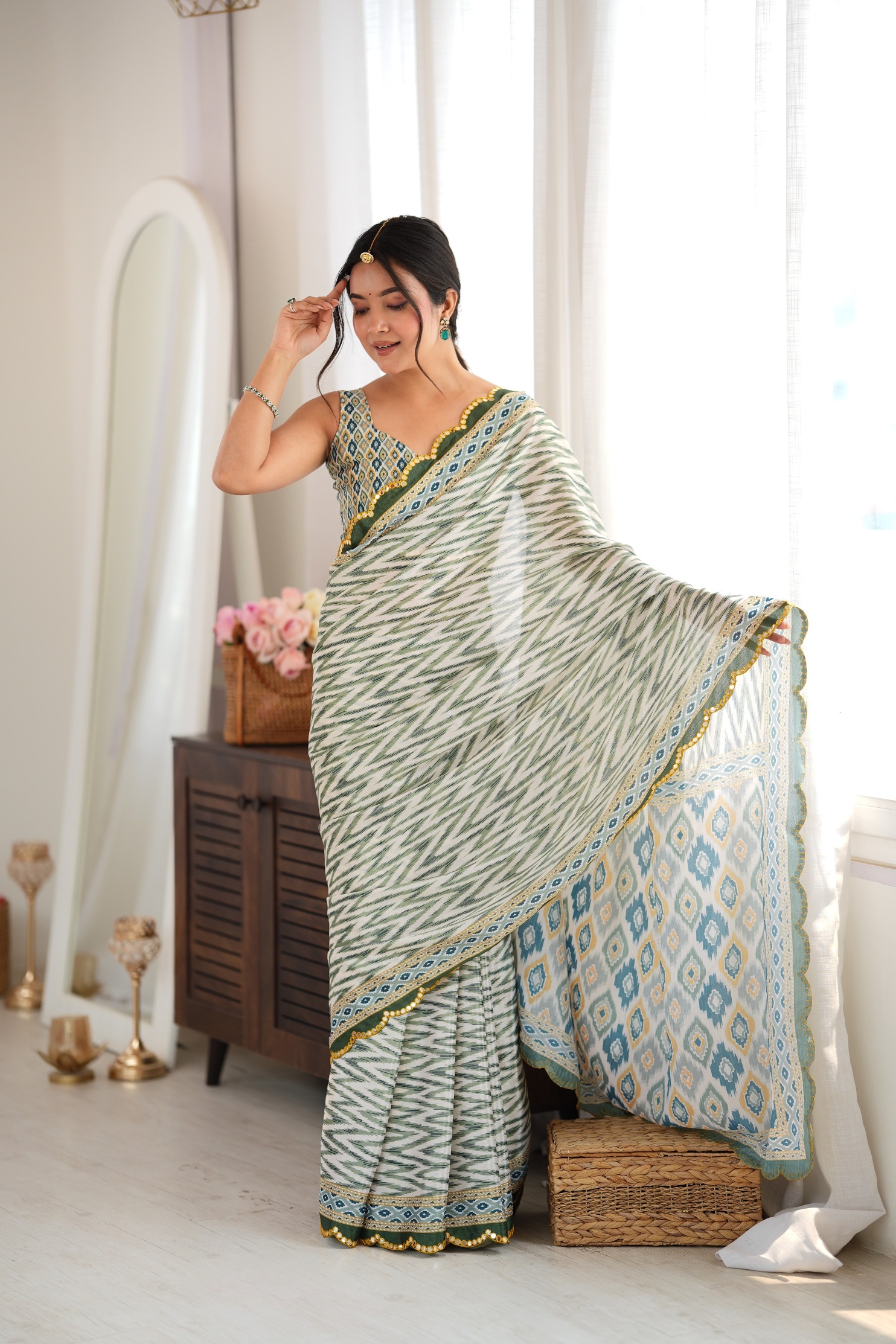 Green Ikat Digital Printed Chinon Saree