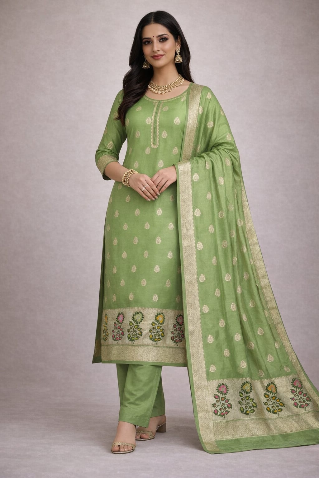 Green Jacquard Designer Lichi Silk Salwar Suit