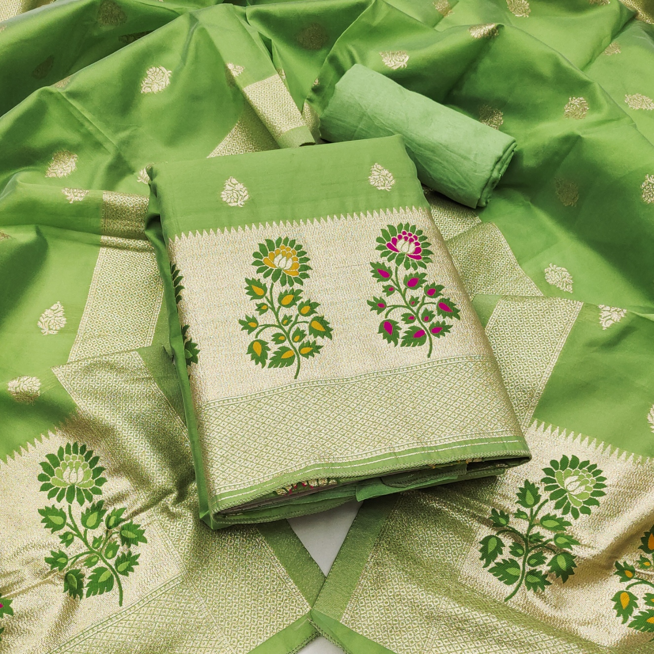 Green Jacquard Designer Lichi Silk Salwar Suit — alternate view