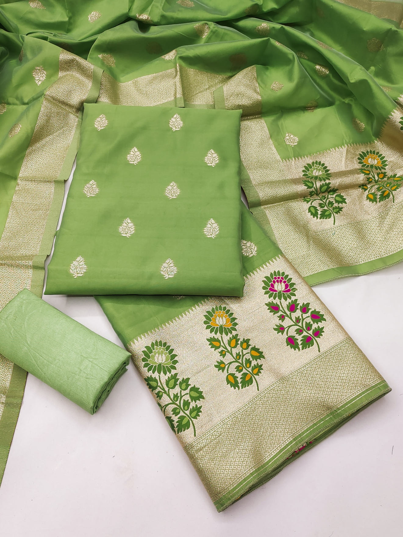 Green Jacquard Designer Lichi Silk Salwar Suit