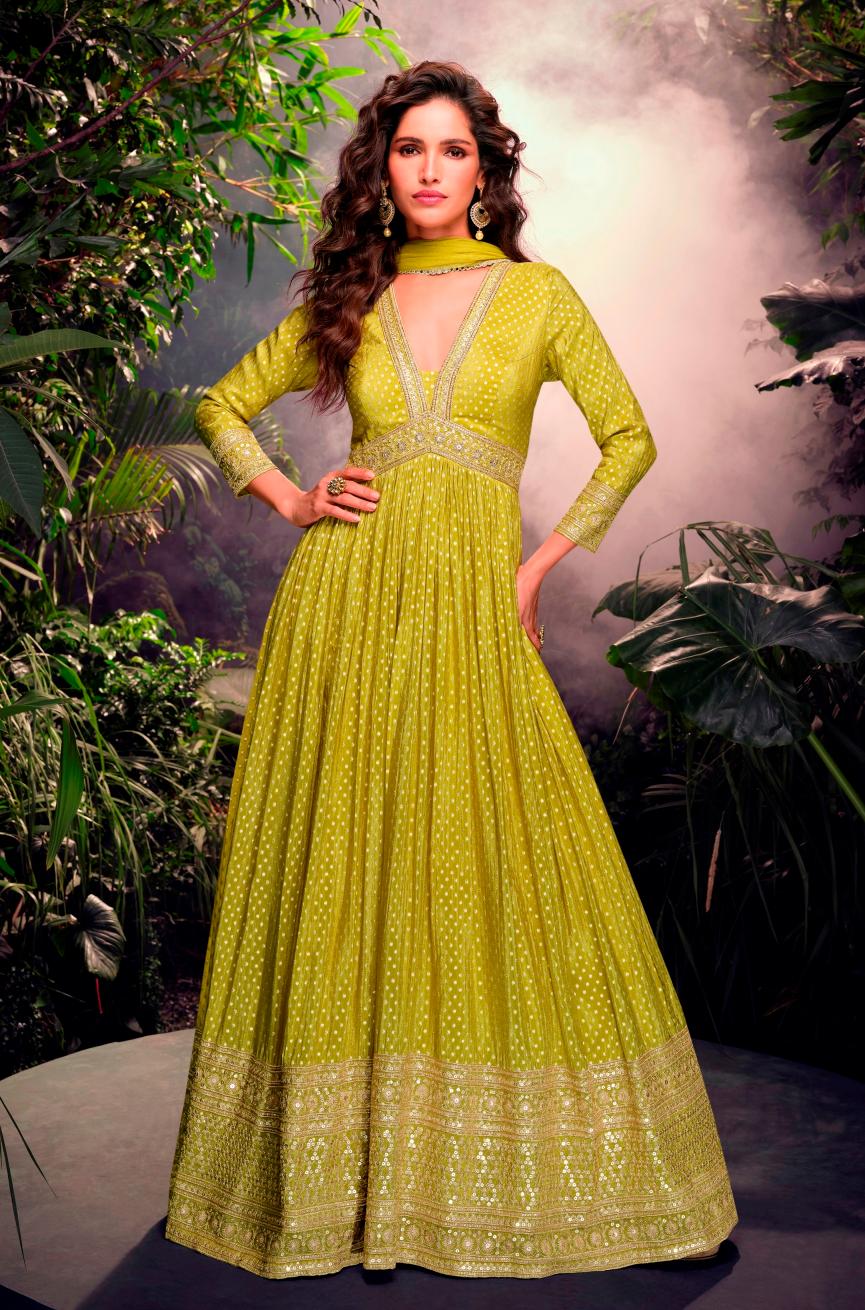Green Jacquard Silk Anarkali Suits