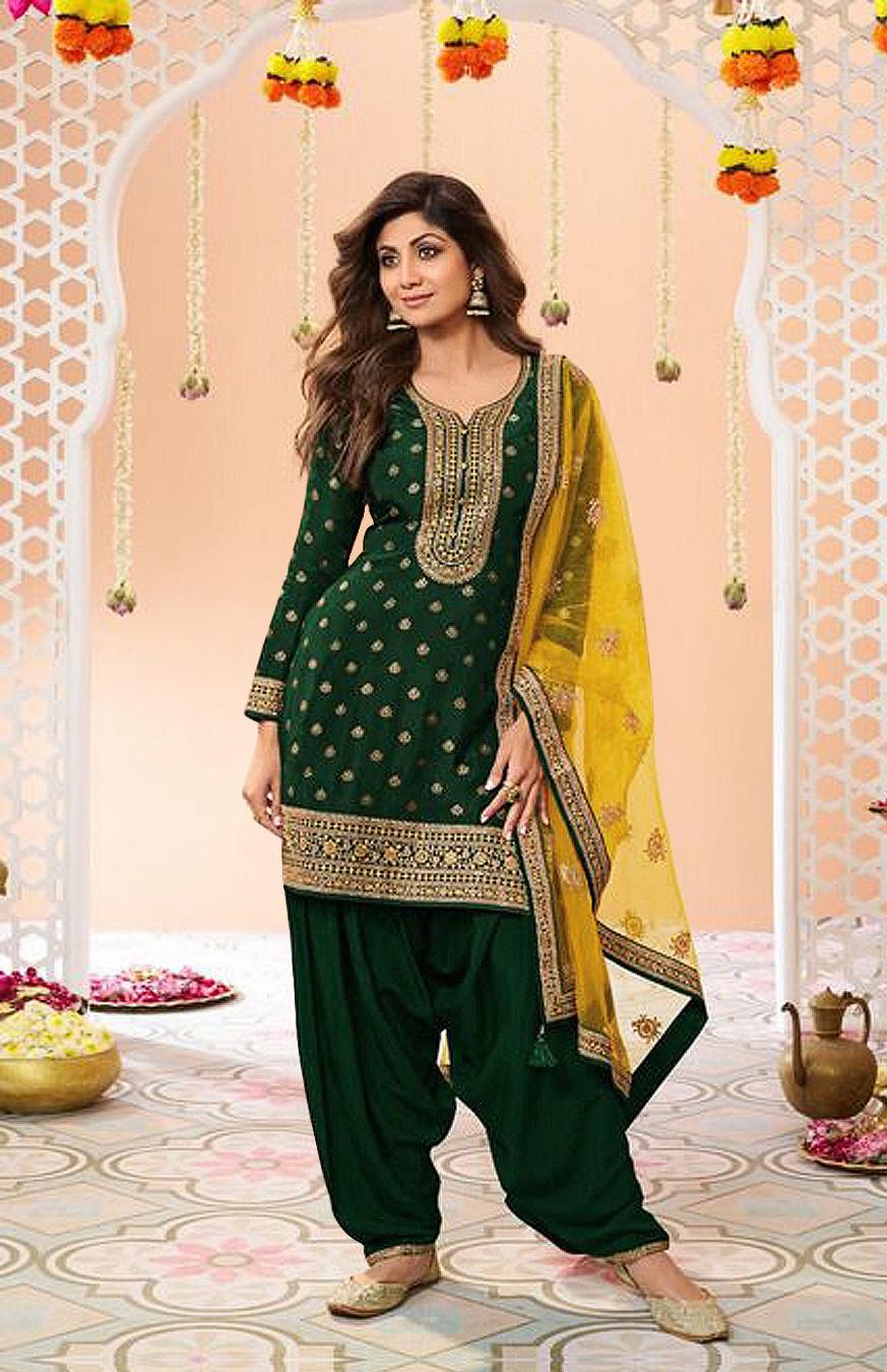 Green Jacquard Silk Patiala Suit