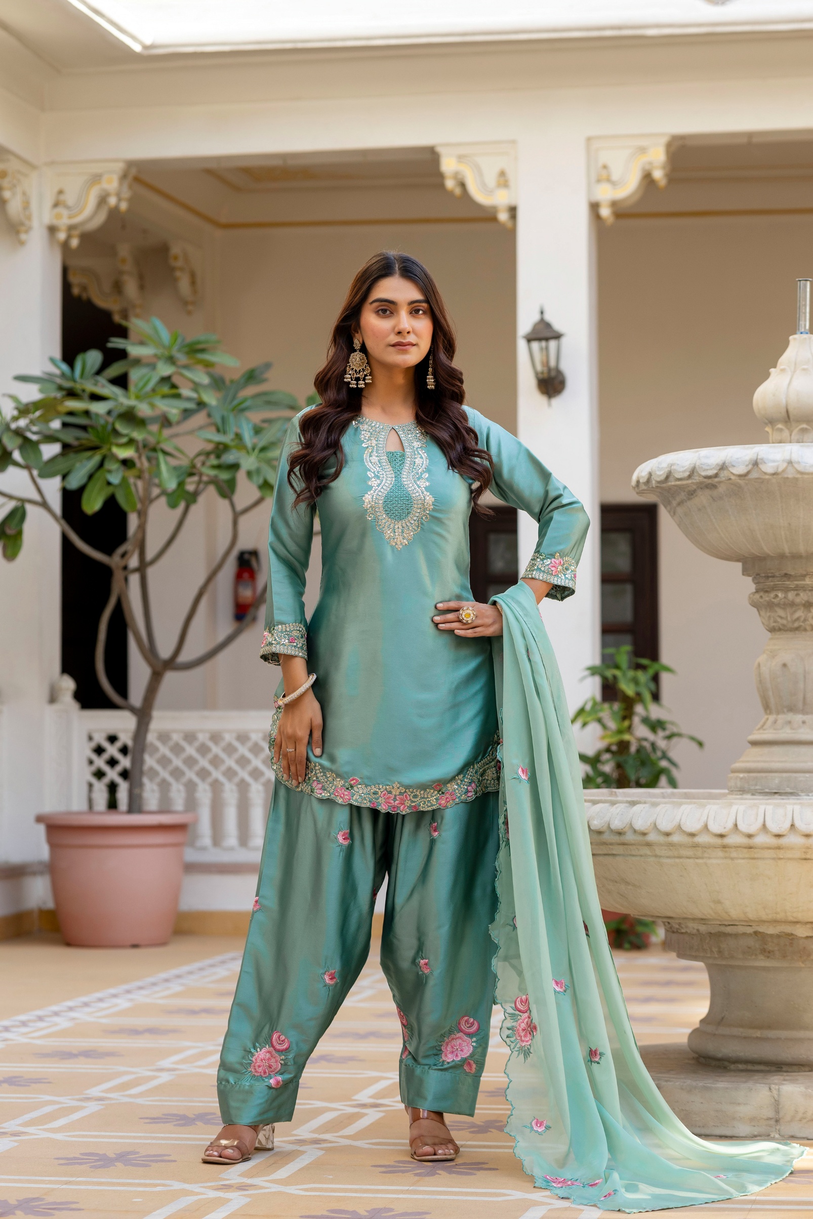 Green Japan Satin Floral Embroidered Straight Kurta Set