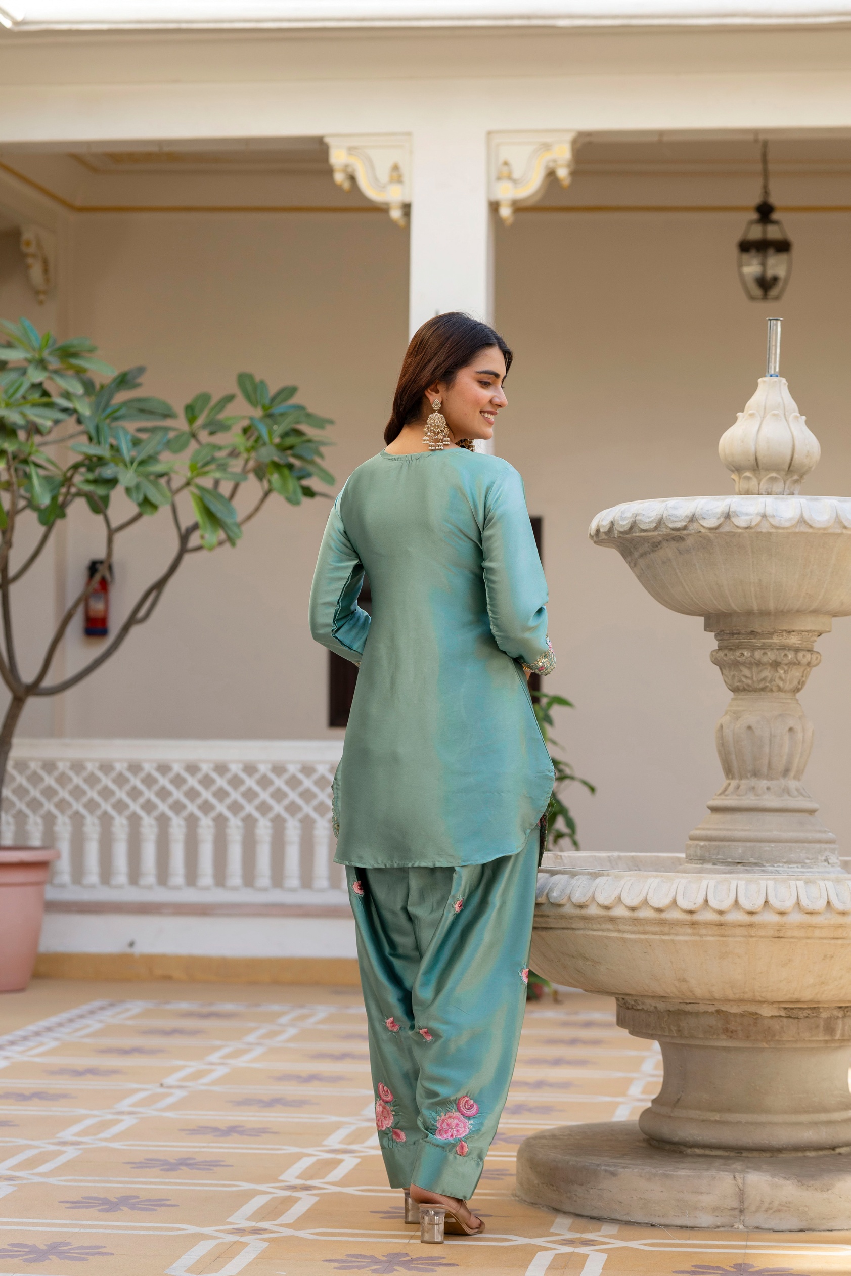 Green Japan Satin Floral Embroidered Straight Kurta Set — alternate view