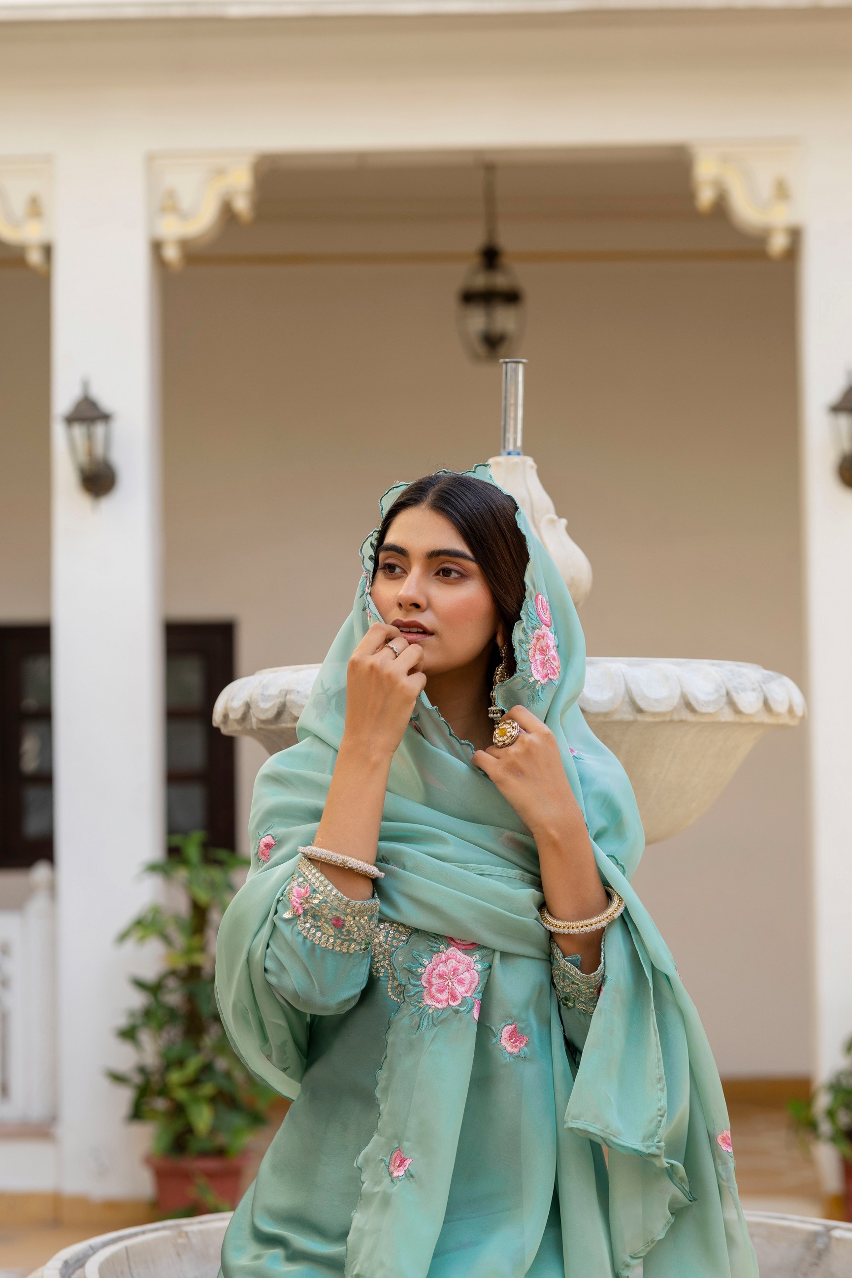 Green Japan Satin Floral Embroidered Straight Kurta Set