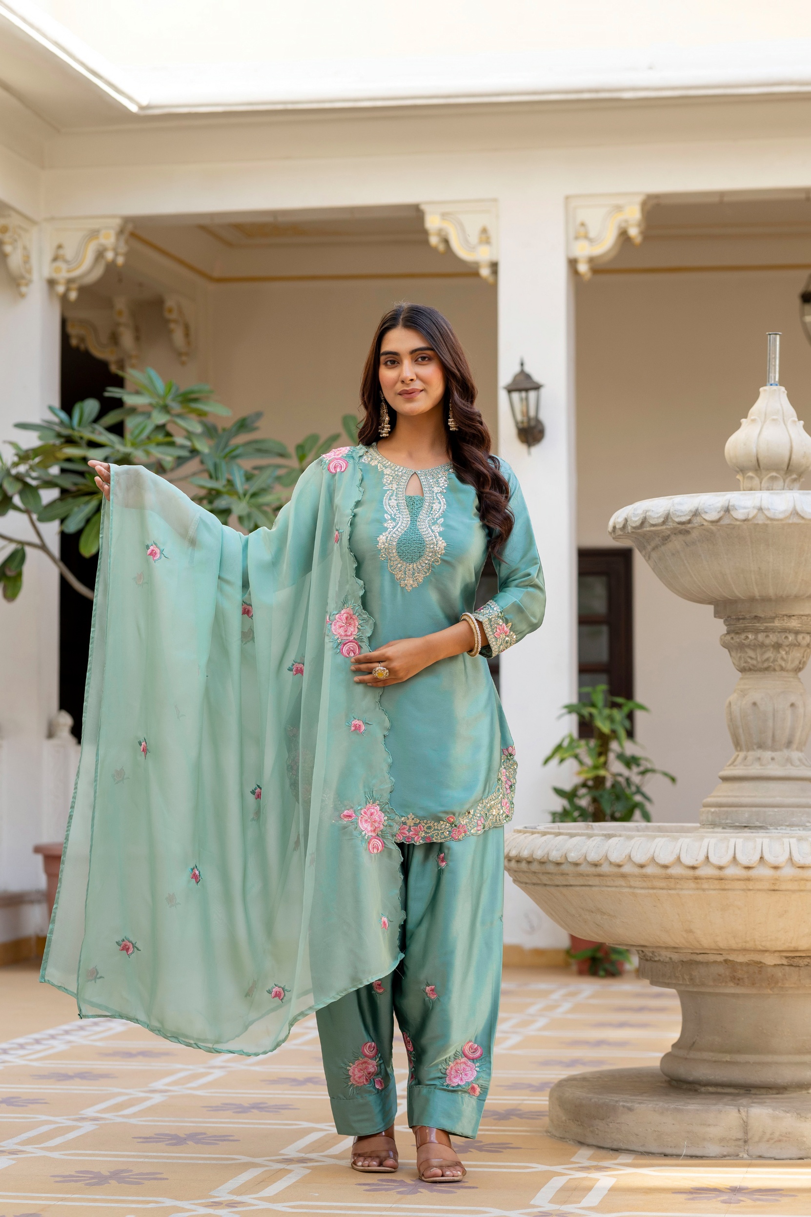 Green Japan Satin Floral Embroidered Straight Kurta Set