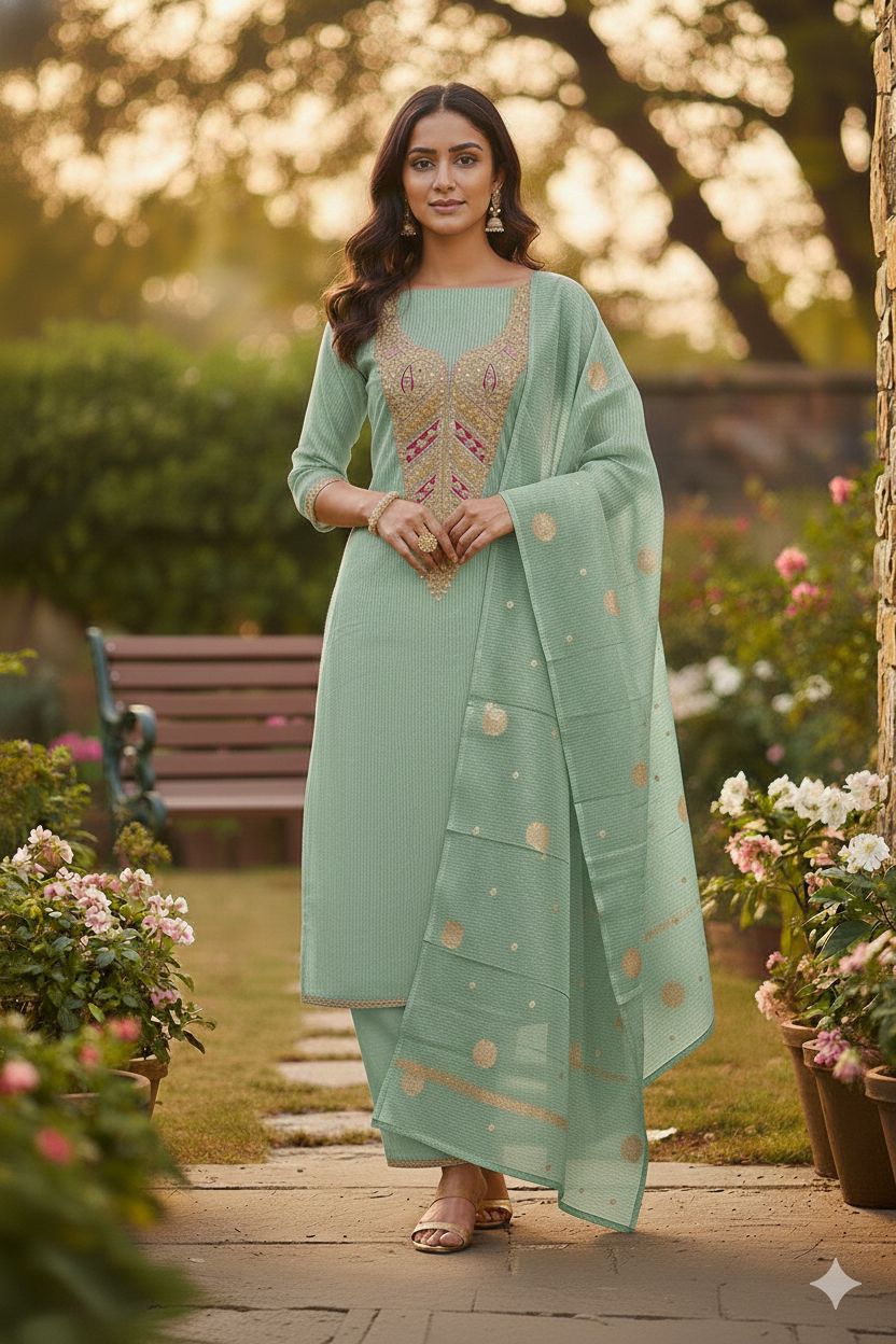 Green Kasha Shimmer Salwar Suit