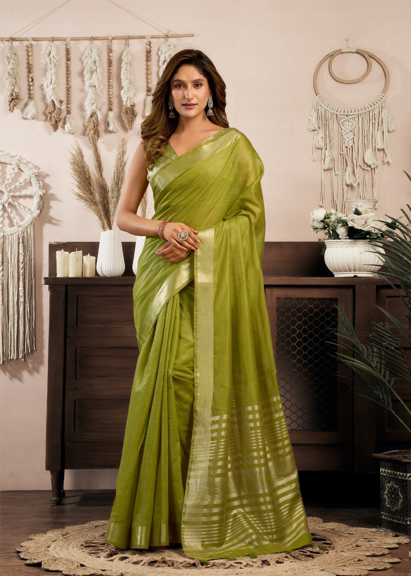 Green Khadi Cotton Contrast Zari Edge Festive Saree