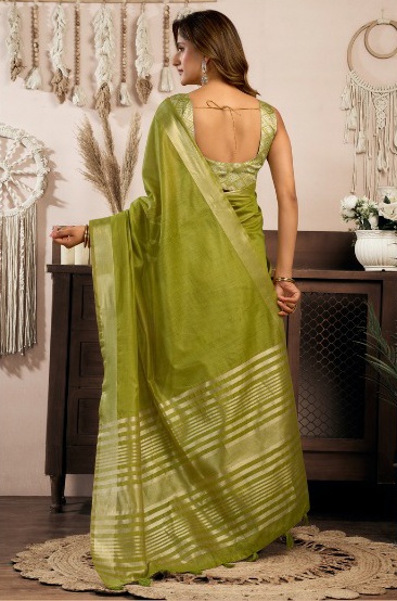Green Khadi Cotton Contrast Zari Edge Festive Saree