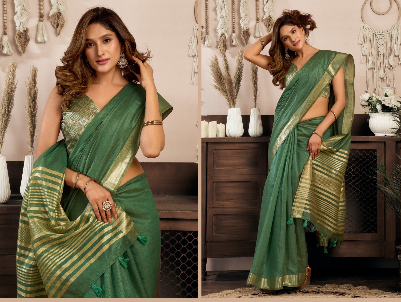 Green Khadi Cotton Elegant Zari Border Occasion Saree — alternate view