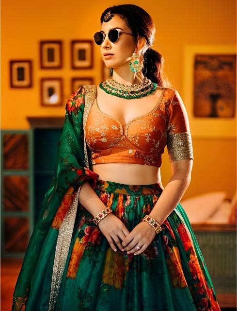Green Khadi Organza Lehenga Choli