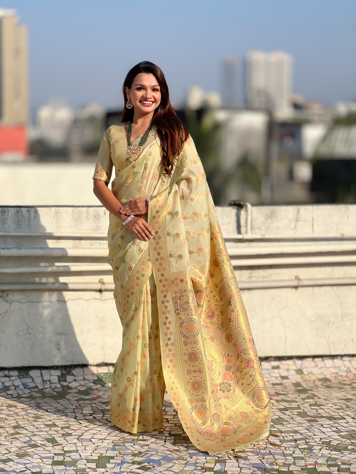 Green Kora Silk Woven Geometric Saree