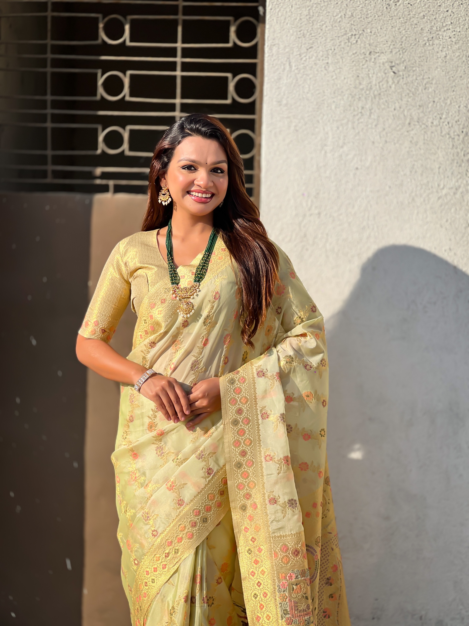 Green Kora Silk Woven Geometric Saree