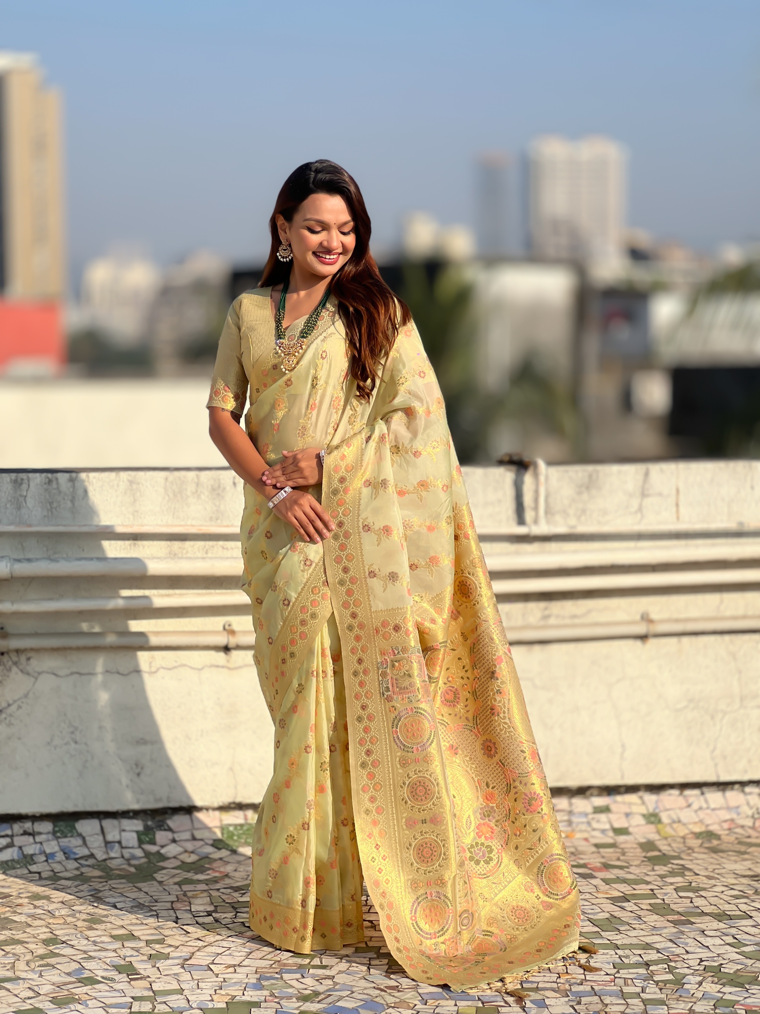 Green Kora Silk Woven Geometric Saree