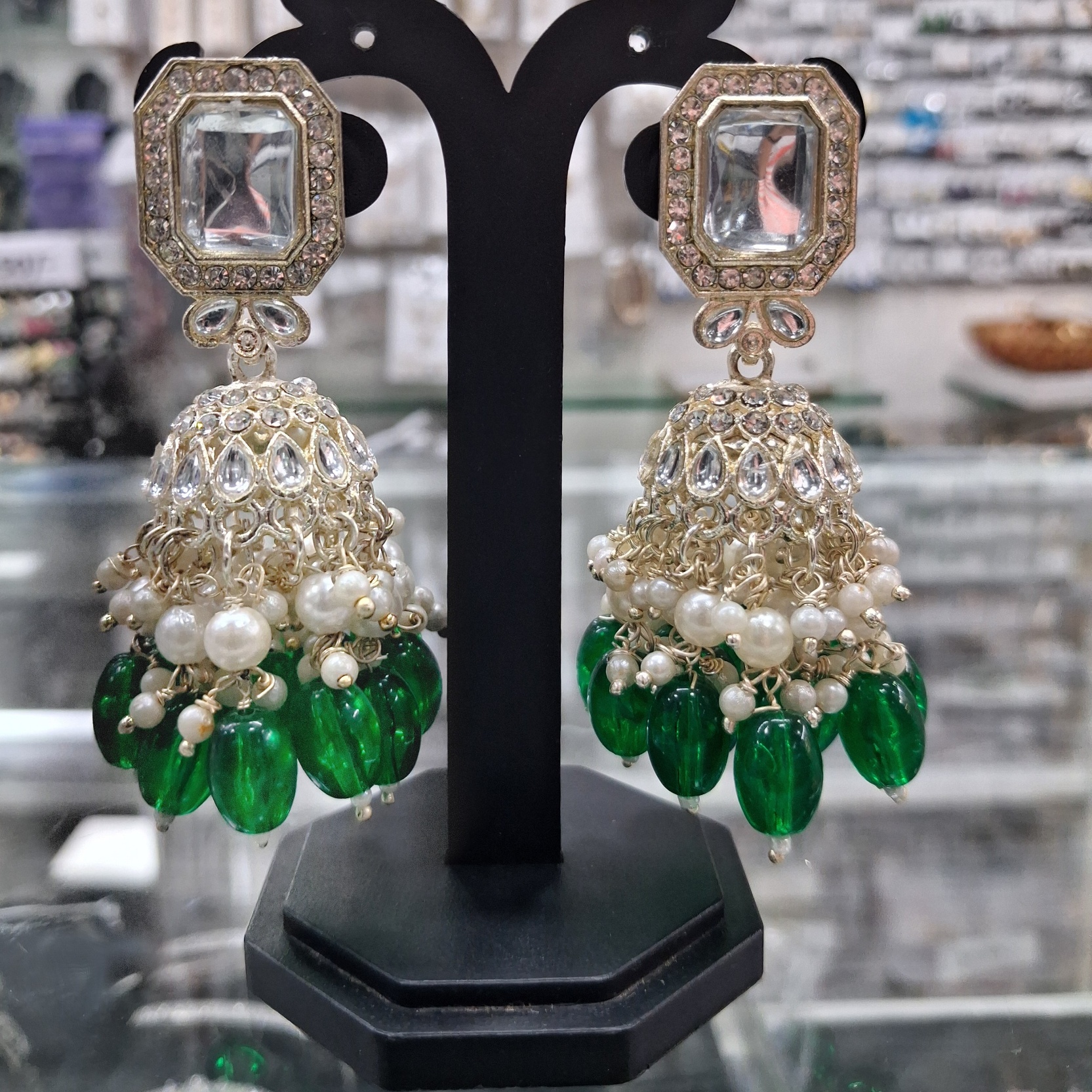 Green Kundan Pearl Jhumka Earrings — alternate view