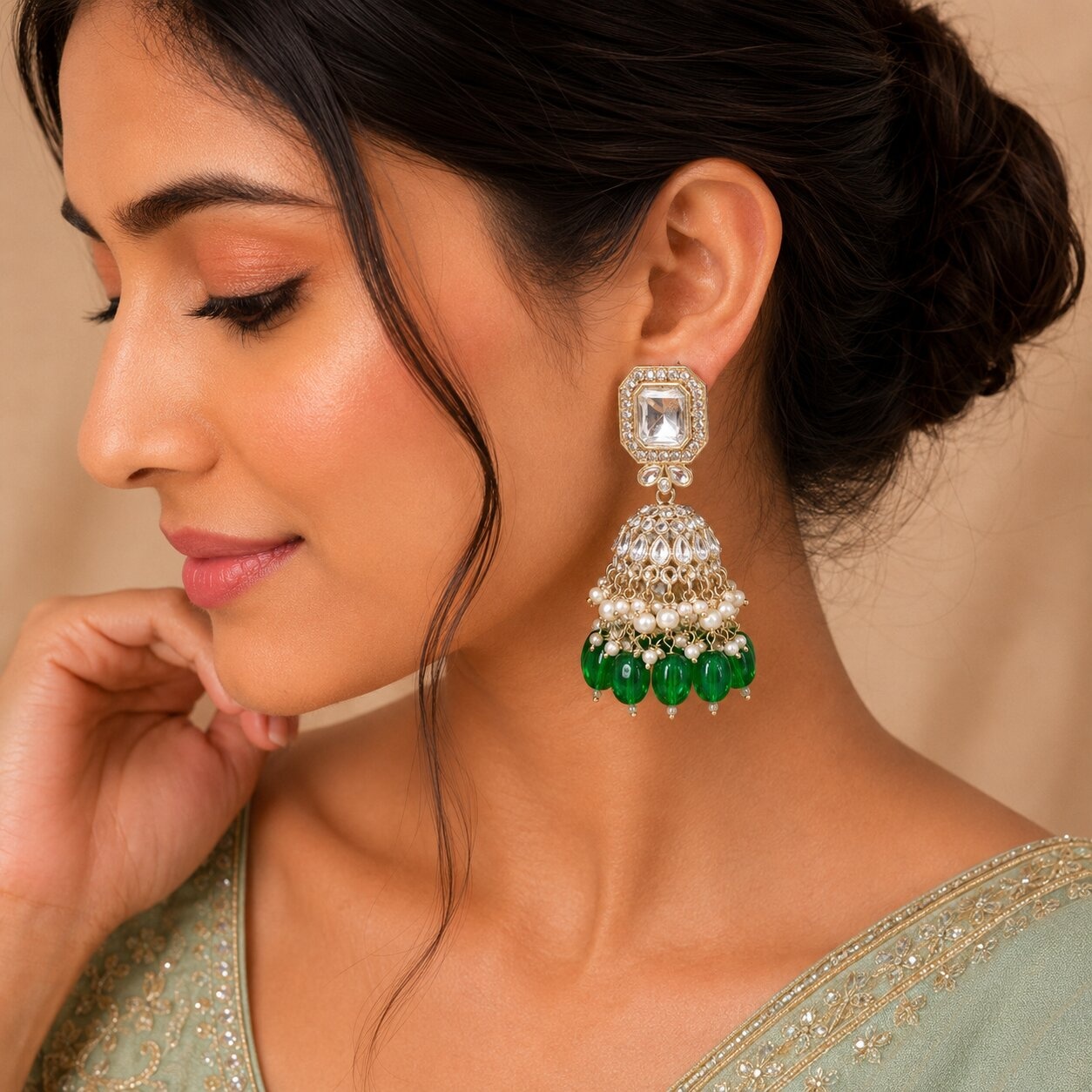 Green Kundan Pearl Jhumka Earrings