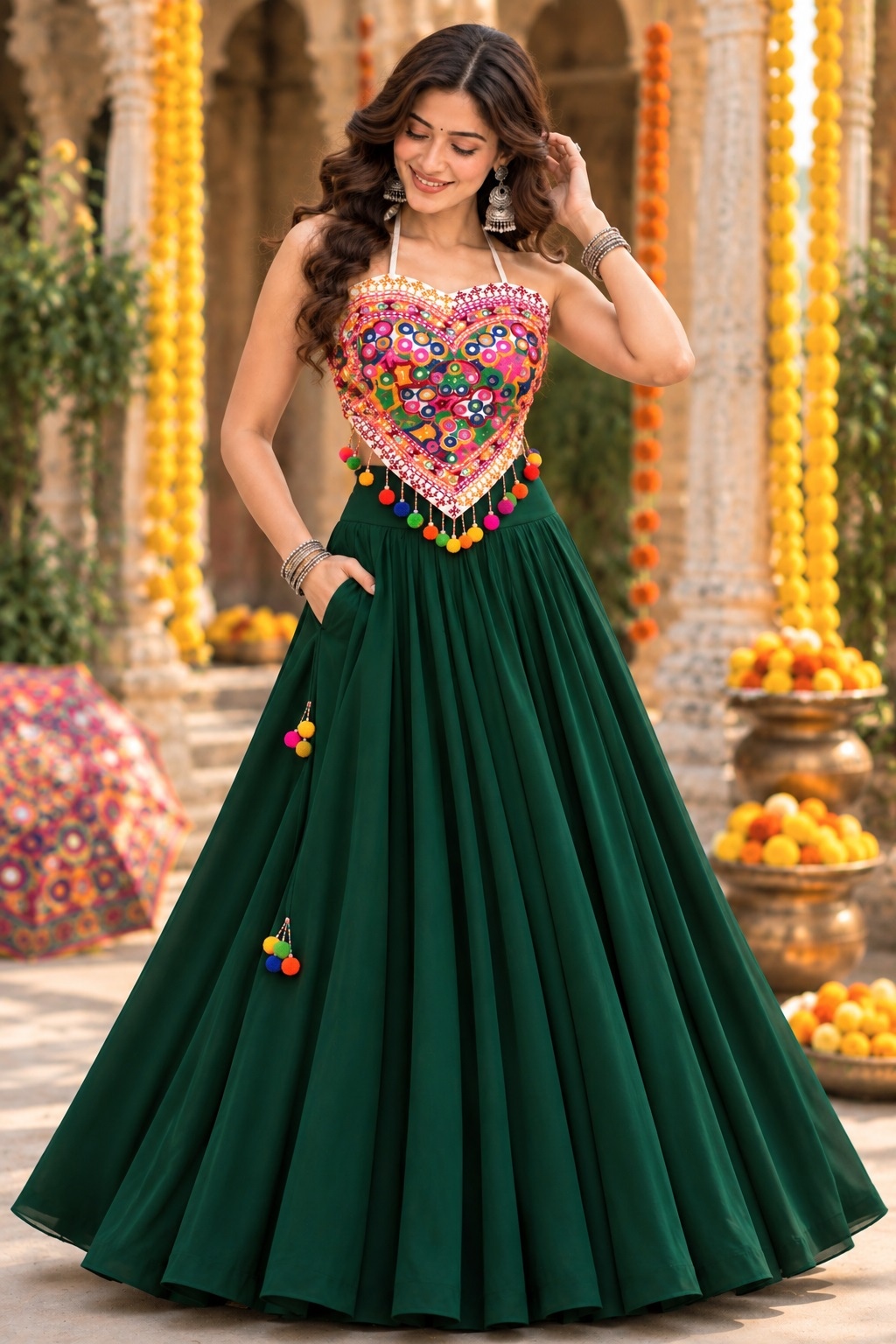 Green Kutch Mirror Embroidered Georgette Lehenga Choli