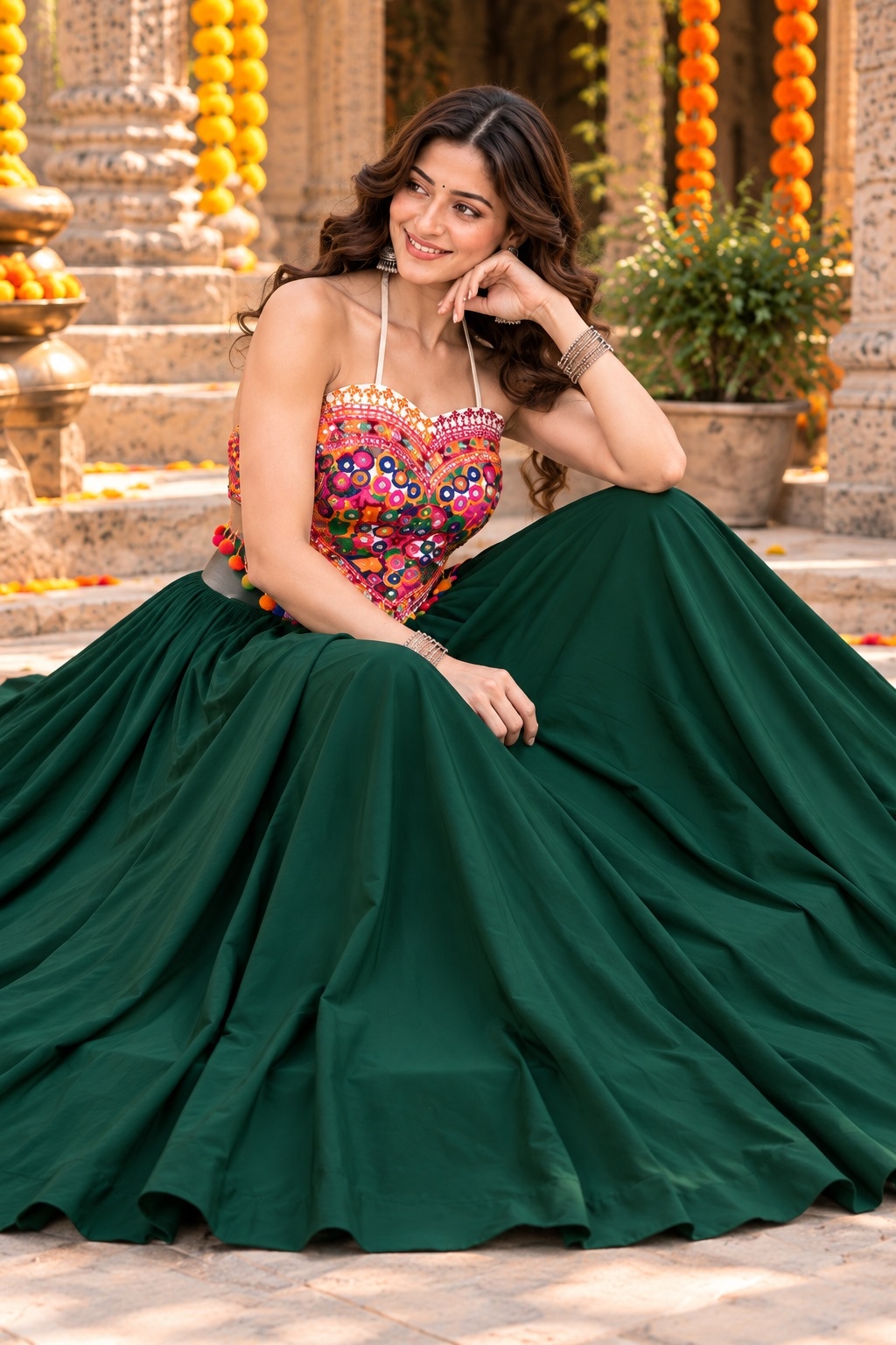 Green Kutch Mirror Embroidered Georgette Lehenga Choli