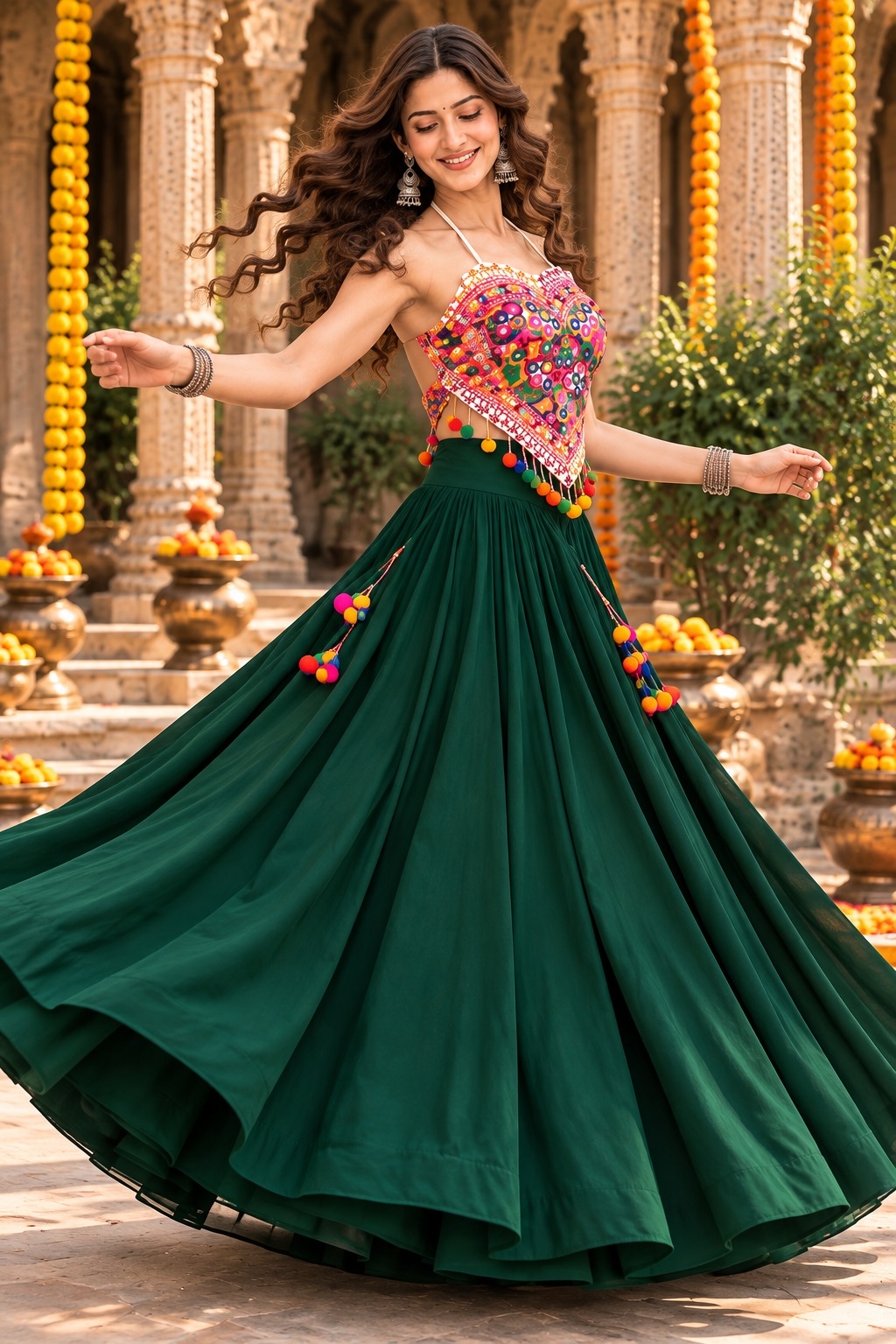 Green Kutch Mirror Embroidered Georgette Lehenga Choli