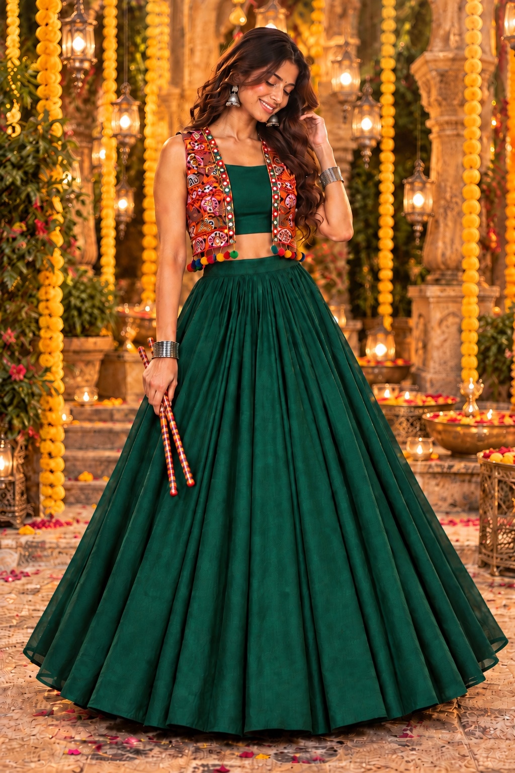 Green Kutch Mirror Embroidered Georgette Lehenga Choli Square-Neck