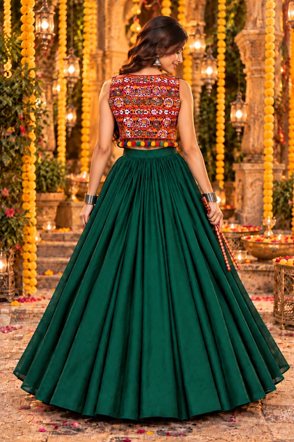 Green Kutch Mirror Embroidered Georgette Lehenga Choli Square-Neck — alternate view