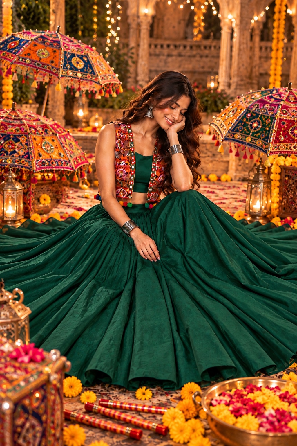 Green Kutch Mirror Embroidered Georgette Lehenga Choli Square-Neck