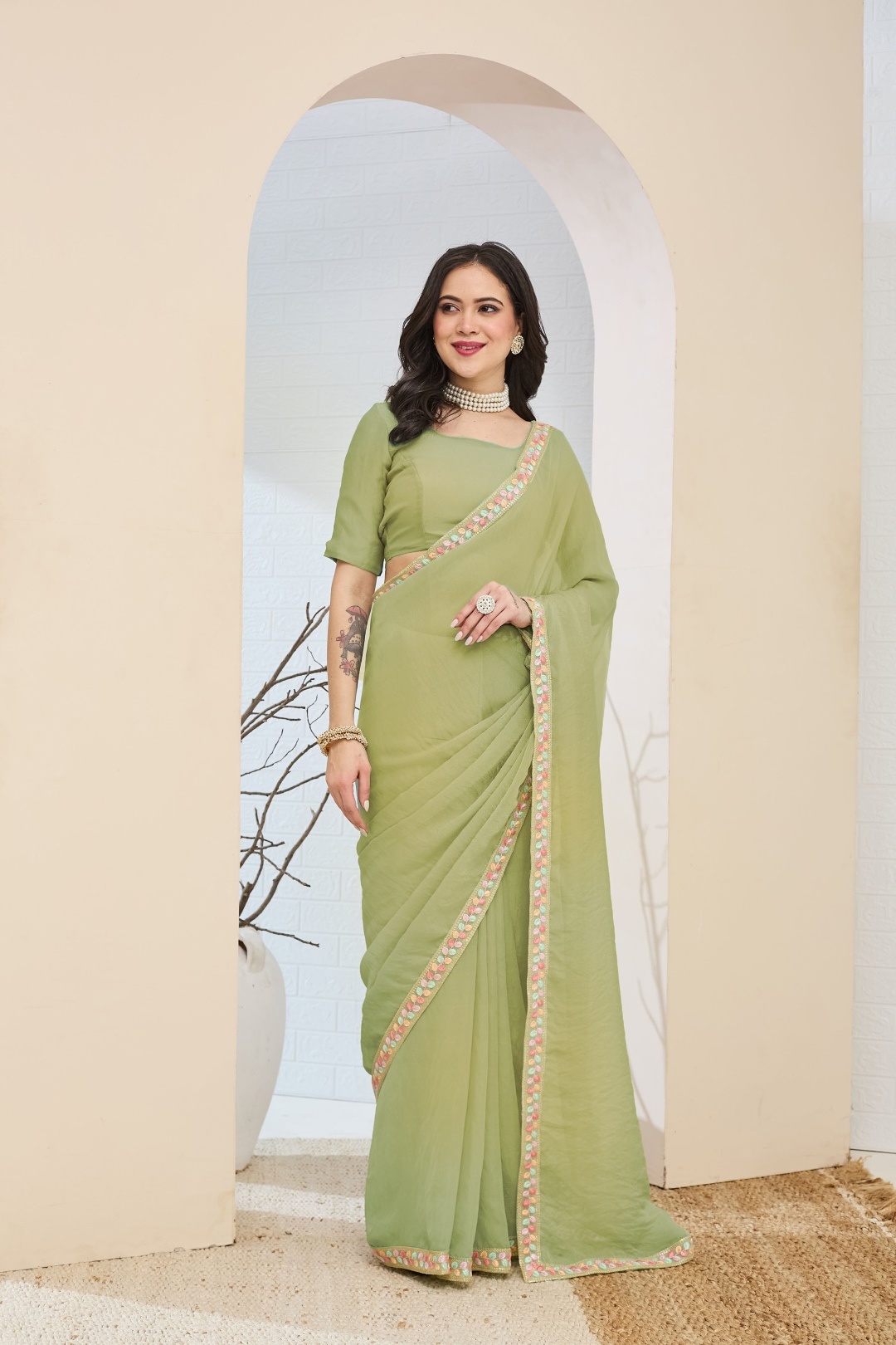 Green Lace Silk Blend Ready To Wear Saree