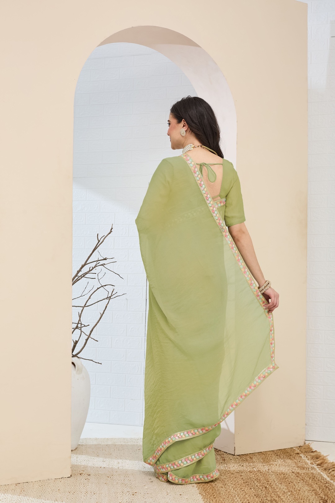 Green Lace Silk Blend Ready To Wear Saree — alternate view